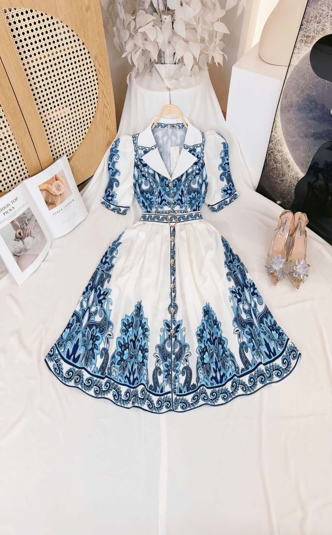 Collared Floral Short Vietnam Ao Dai Party Dress White and Blue baroque print collared Party Style evening and formal Short Dress freesize that fits Medium to XL frame
