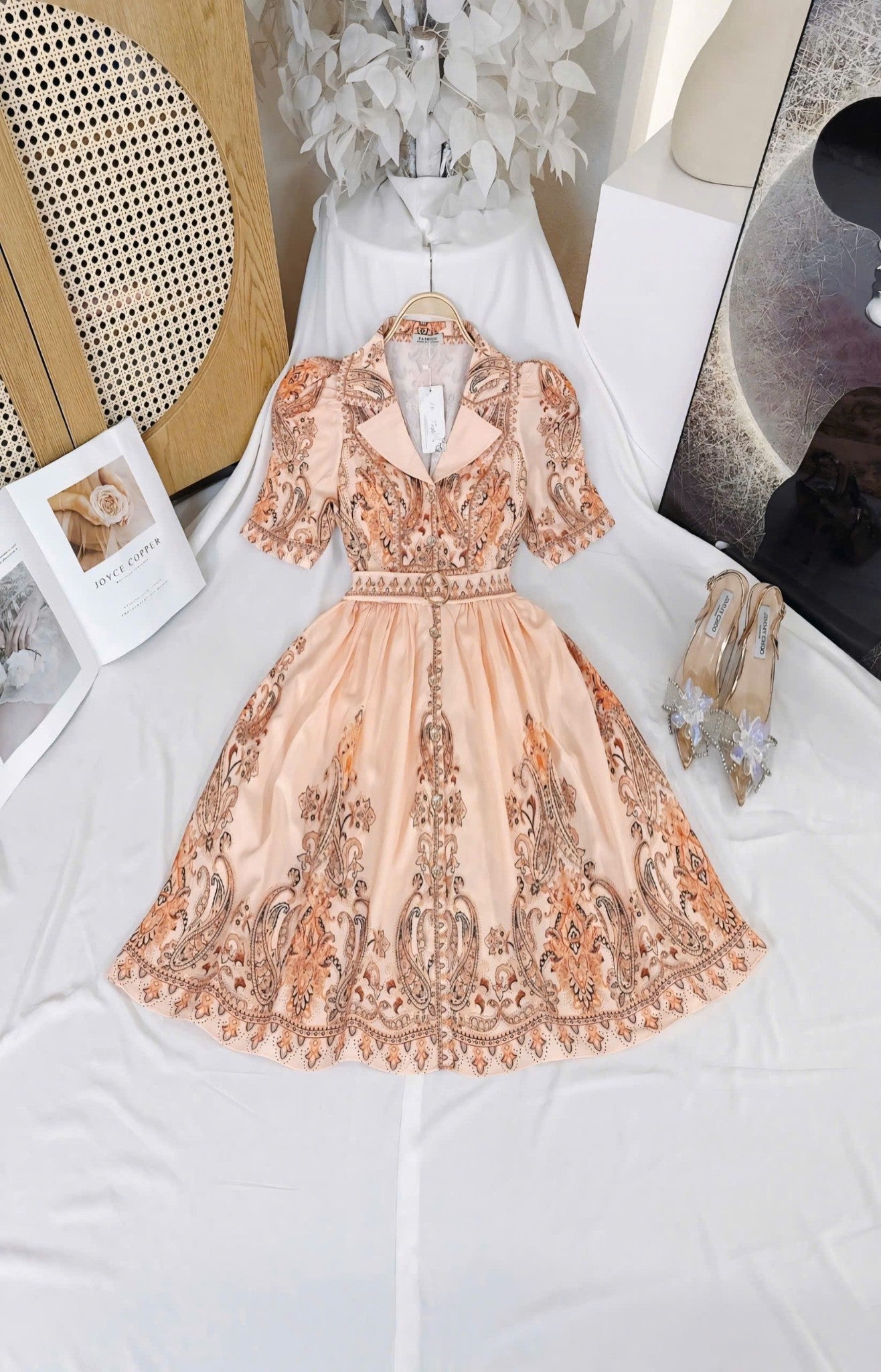 Collared Floral Short Vietnam Ao Dai Party Dress light peach baroque print collared Party Style evening and formal Short Dress freesize that fits Medium to XL frame