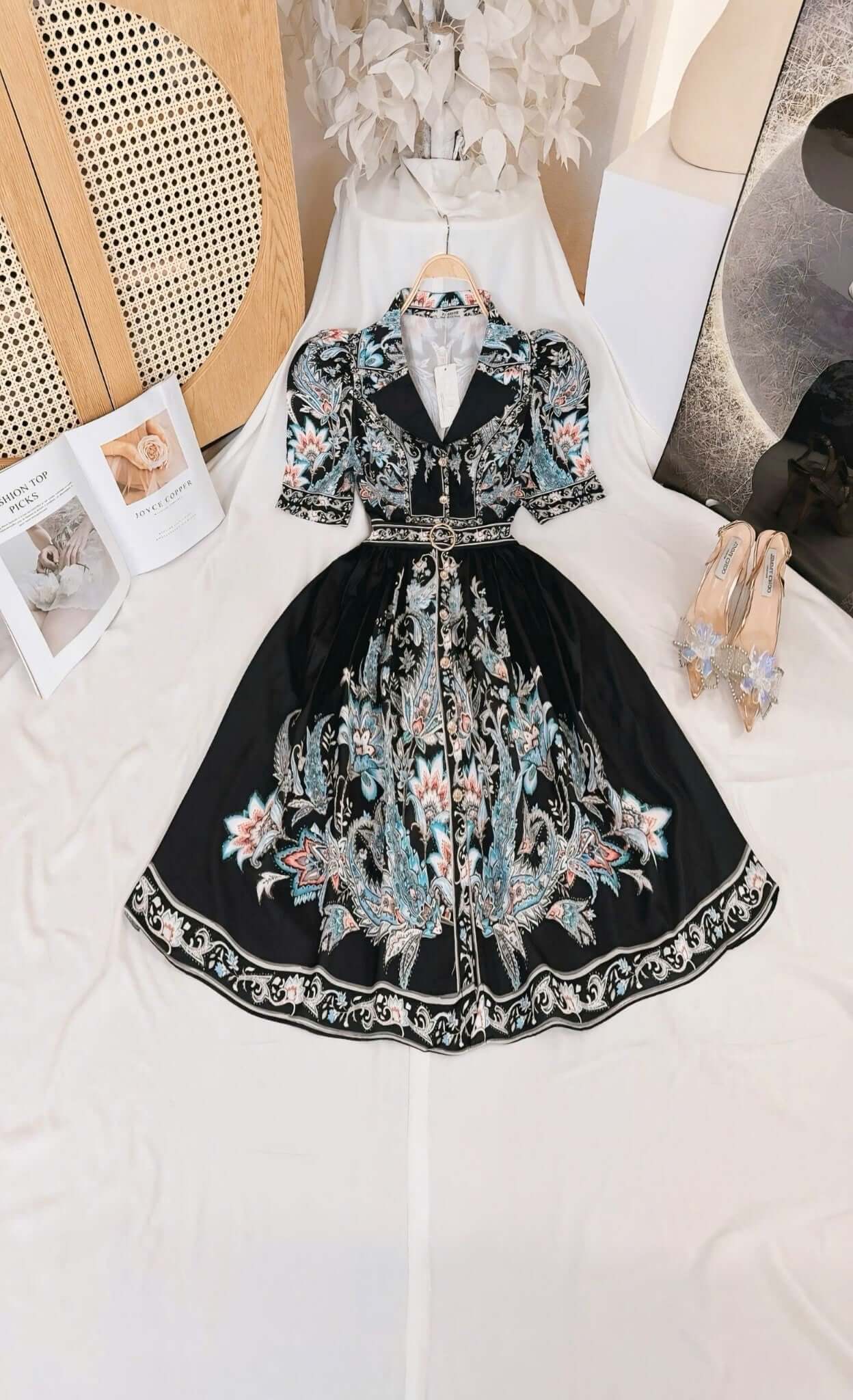 Collared Floral Short Vietnam Ao Dai Party Dress Black baroque print collared Party Style evening and formal Short Dress freesize that fits Medium to XL frame