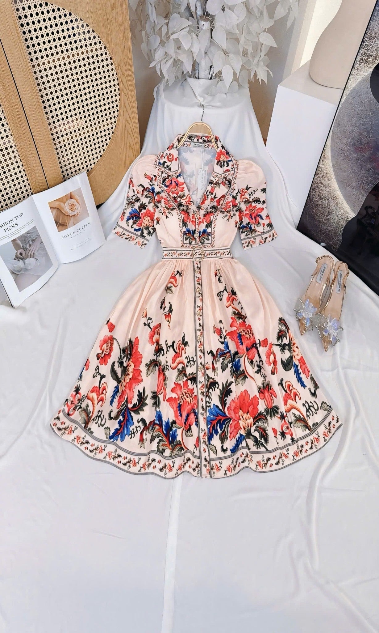 Collared Floral Short Vietnam Ao Dai Party Dress Nude Pink baroque print collared Party Style evening and formal Short Dress freesize that fits Medium to XL frame