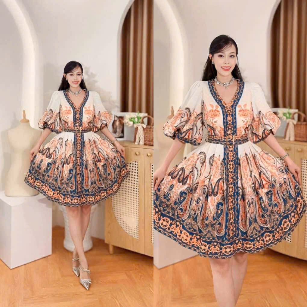 Puff Sleeve Vneck Vietnam Ao Dai party dress Floral baroque print V-neck puffsleeve, trumpet sleeve classic Party Style evening and formal Short Dress from Vietnam, freesize that fits medium to XL frame with belt