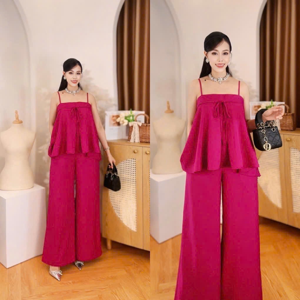 Vietnam Formal Ao Dai Terno Coordinates Set for Women Magenta plain color coordinates terno spaghetti strap peplum top and wide leg pants made in Vietnam, freesize that fits medium to XL frame for formal, evening and party wear