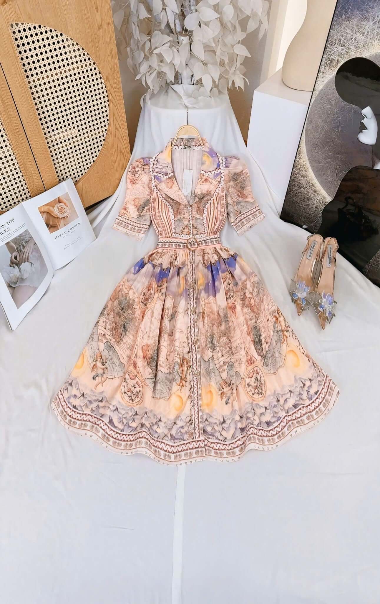 Collared Floral Short Vietnam Ao Dai Party Dress Peach with Purple baroque print collared Party Style evening and formal Short Dress freesize that fits Medium to XL frame