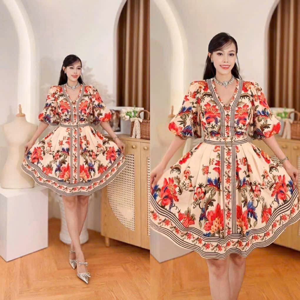 Puff Sleeve Vneck Vietnam Ao Dai party dress Floral baroque print V-neck puffsleeve, trumpet sleeve classic Party Style evening and formal Short Dress from Vietnam, freesize that fits medium to XL frame with belt