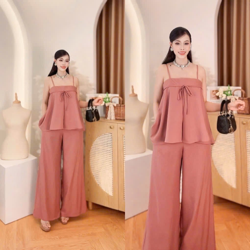 Vietnam Formal Ao Dai Terno Coordinates Set for Women  Old Rose plain color coordinates terno spaghetti strap peplum top and wide leg pants made in Vietnam, freesize that fits medium to XL frame for formal, evening and party wear