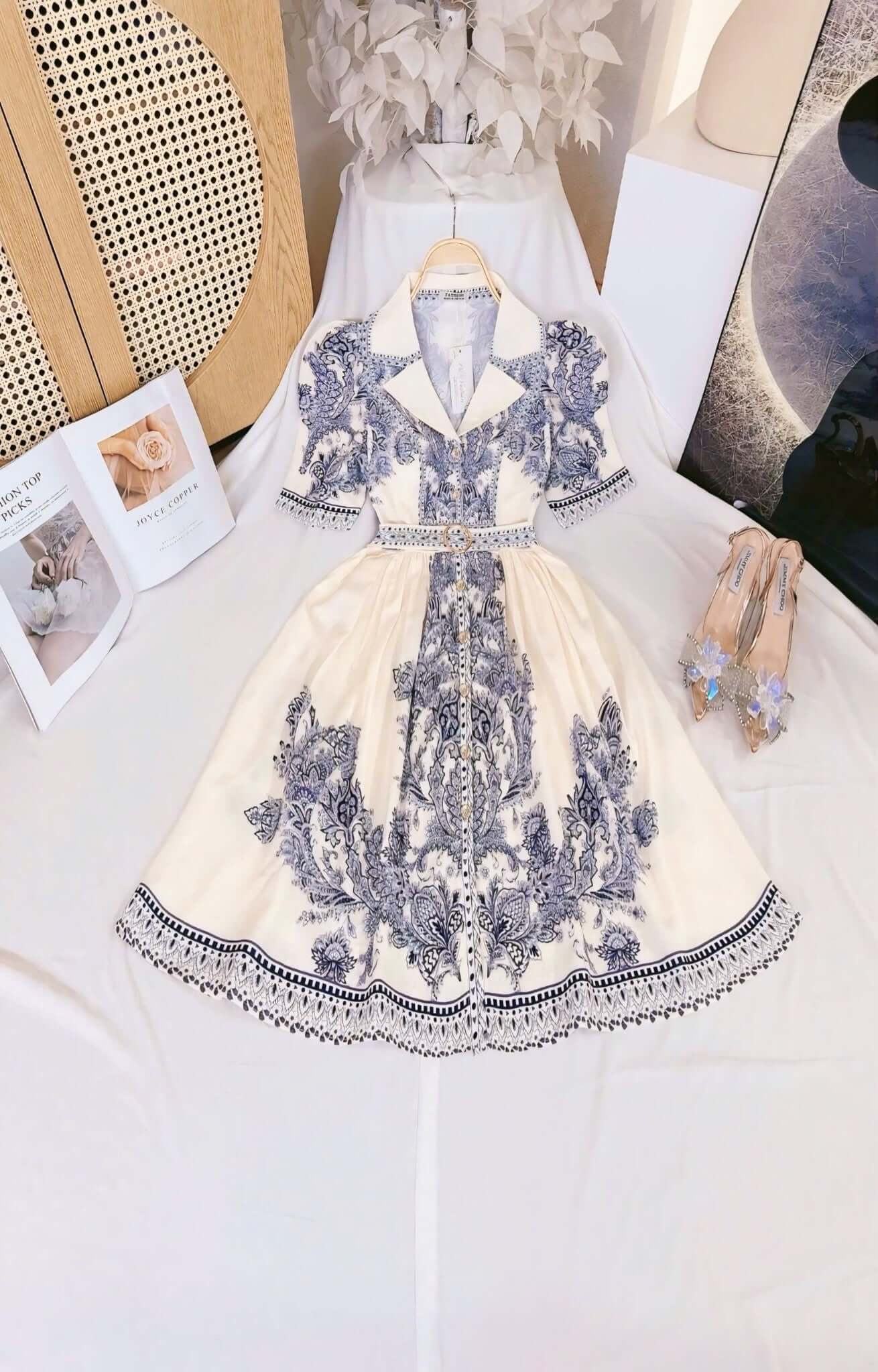 Collared Floral Short Vietnam Ao Dai Party Dress White baroque print collared Party Style evening and formal Short Dress freesize that fits Medium to XL frame