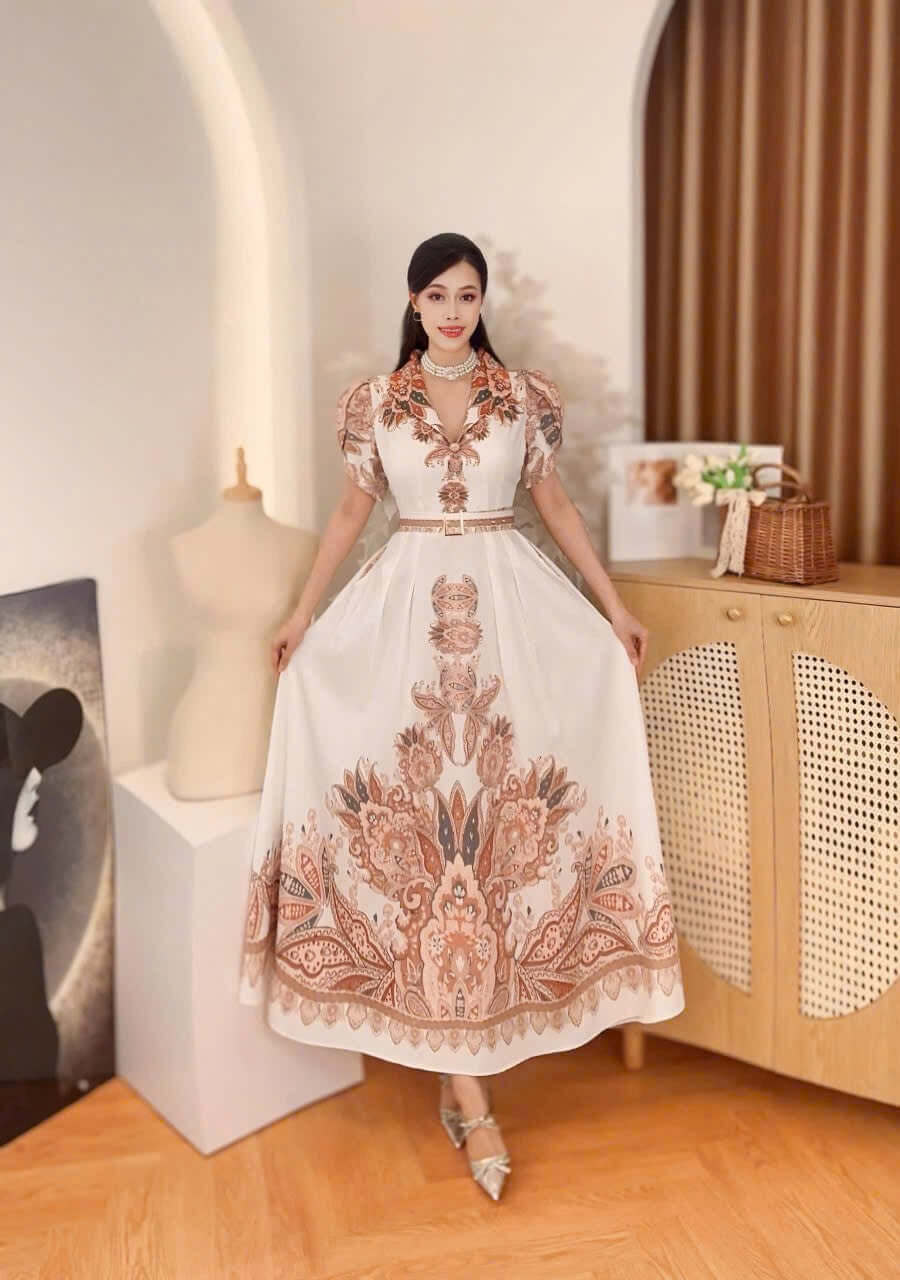 Vietnamese Baroque maxi dress puffsleeve Mango silk fabric Elegant Tita Attire, Semi formal , party, evening and Church Maxi Dress from Vietnam, freesize that fits Medium to XL Frame