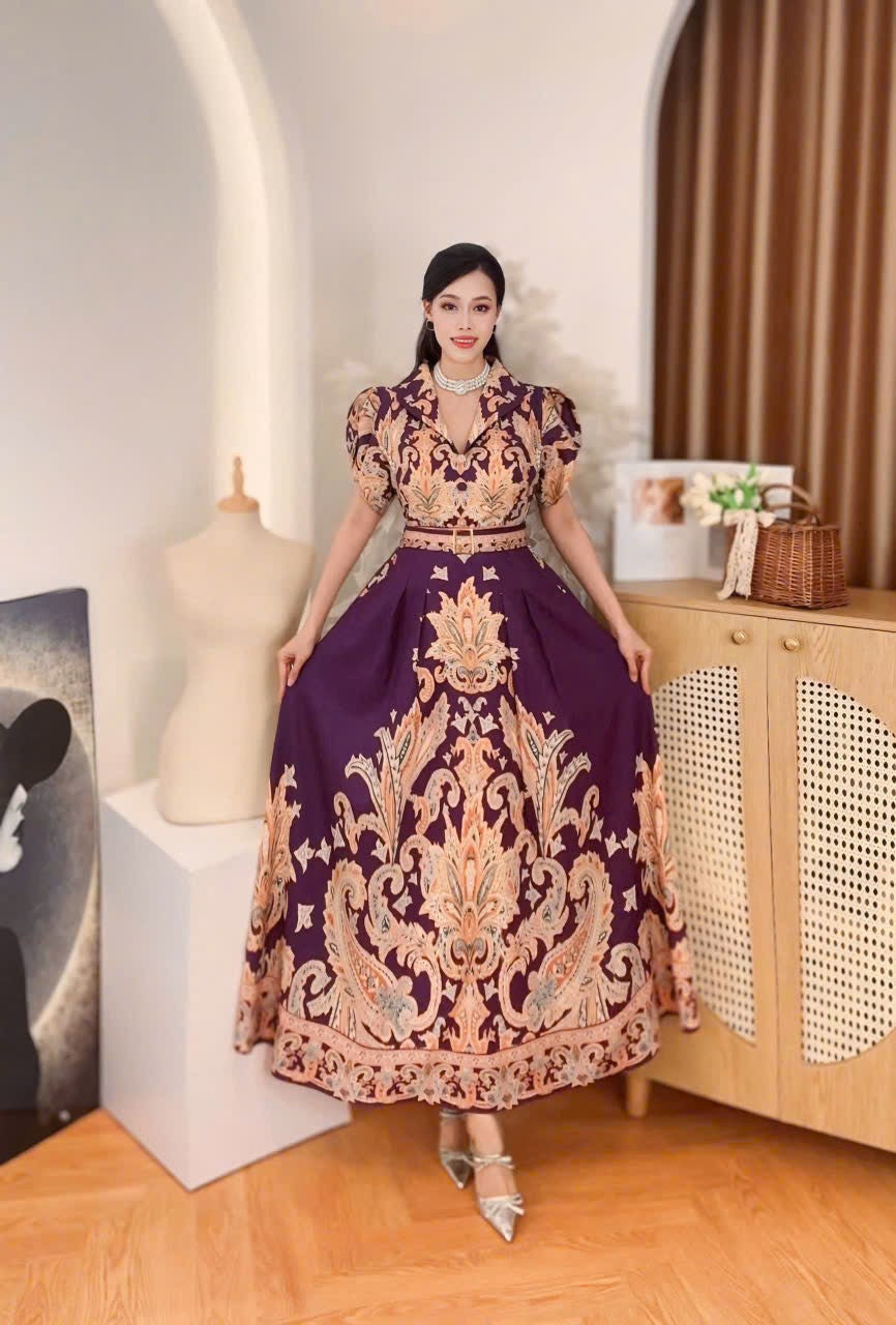 Vietnamese Baroque maxi dress puffsleeve Mango silk fabric Elegant Tita Attire, Semi formal , party, evening and Church Maxi Dress from Vietnam, freesize that fits Medium to XL Frame