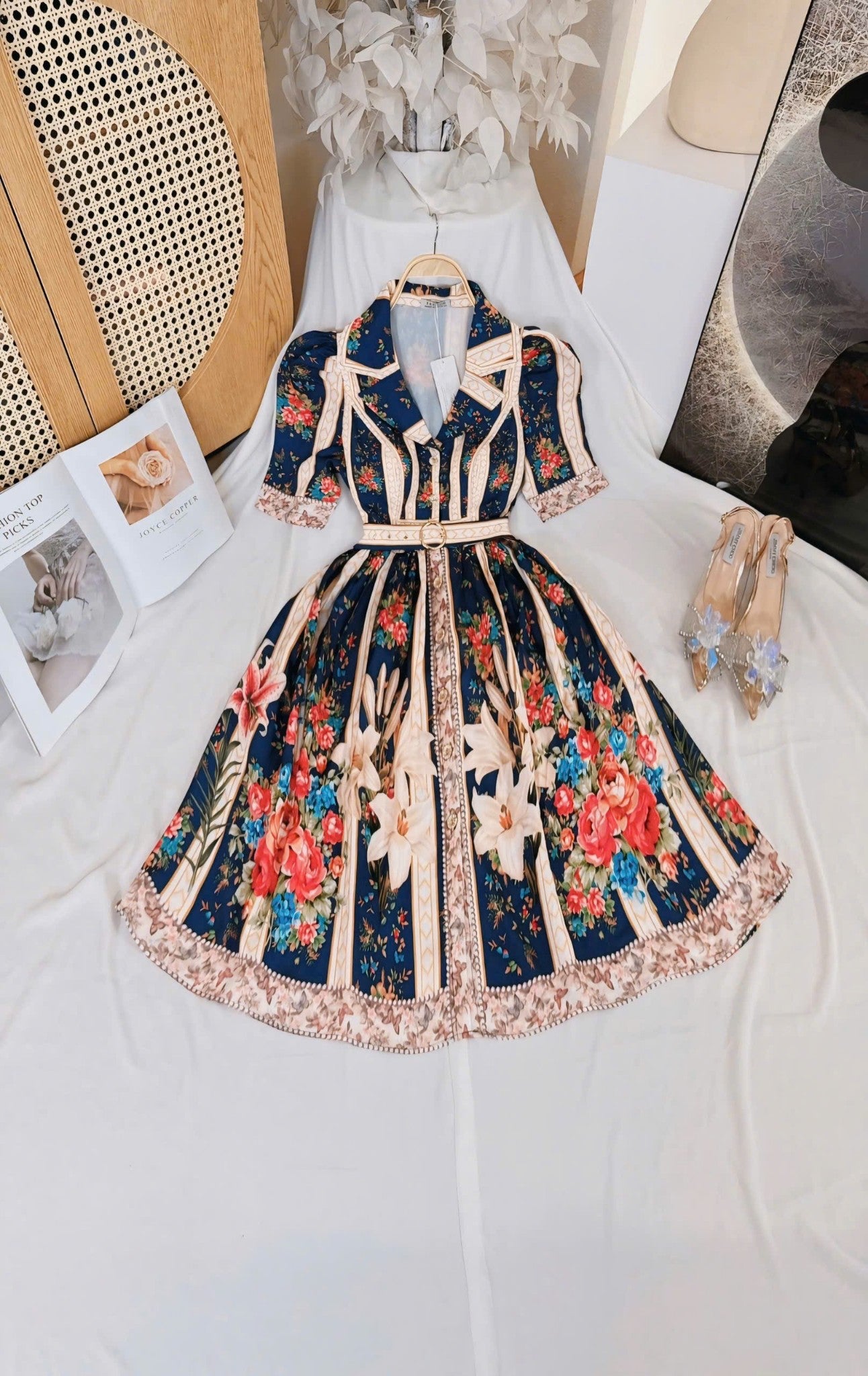 Collared Floral Short Vietnam Ao Dai Party Dress baroque print collared Party Style evening and formal Short Dress freesize that fits Medium to XL frame