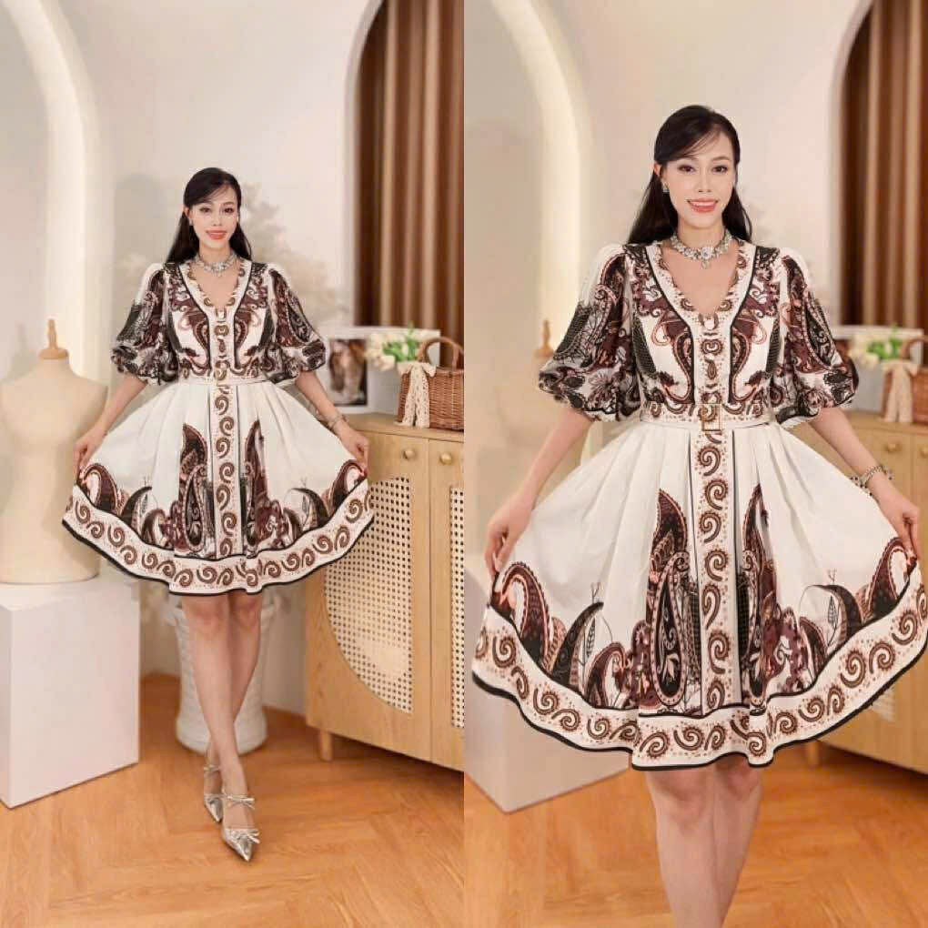 Puff Sleeve Vneck Vietnam Ao Dai party dress White and brown Floral baroque print V-neck puffsleeve, trumpet sleeve classic Party Style evening and formal Short Dress from Vietnam, freesize that fits medium to XL frame with belt