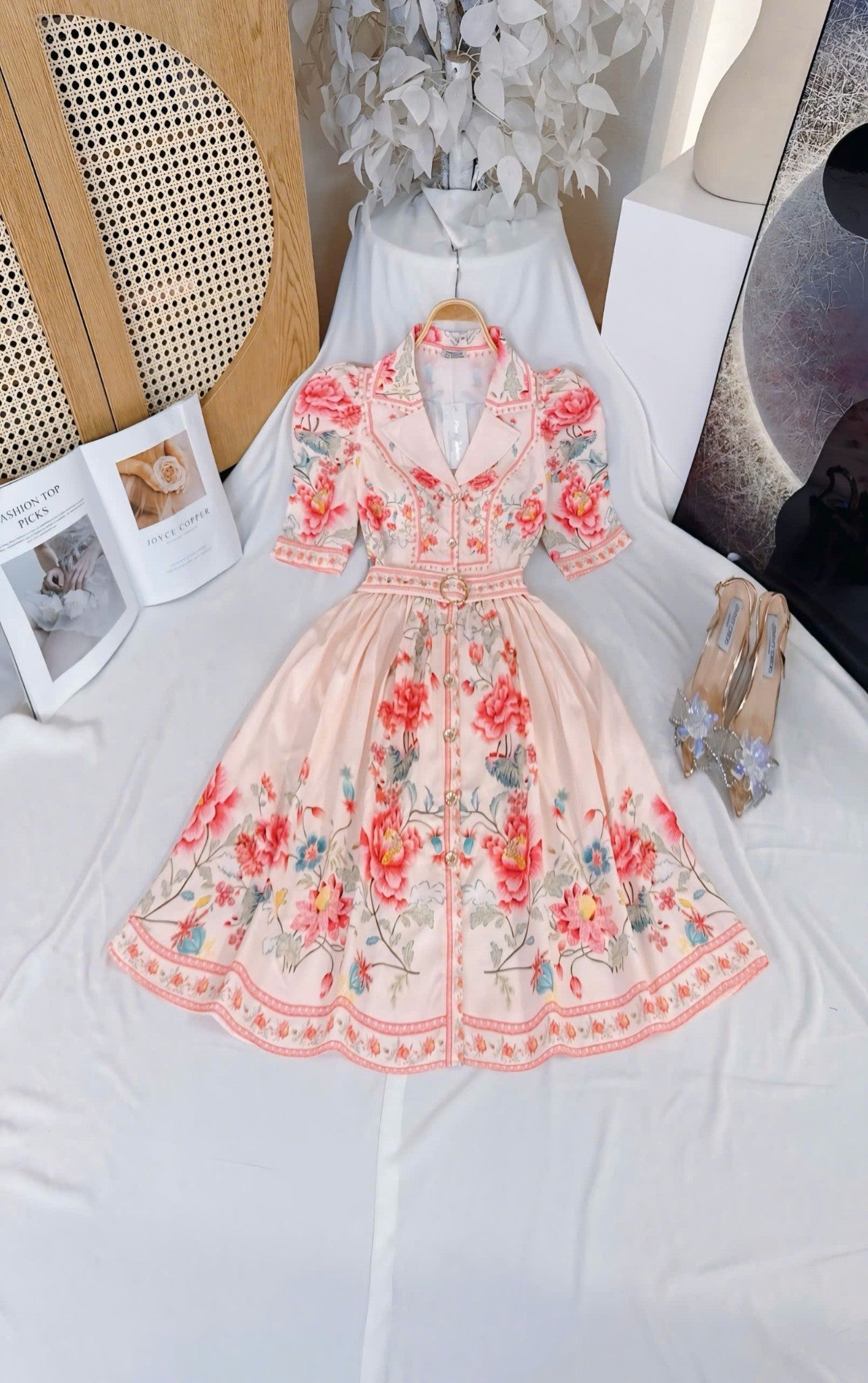 Collared Floral Short Vietnam Ao Dai Party Dress Light Pink baroque print collared Party Style evening and formal Short Dress freesize that fits Medium to XL frame