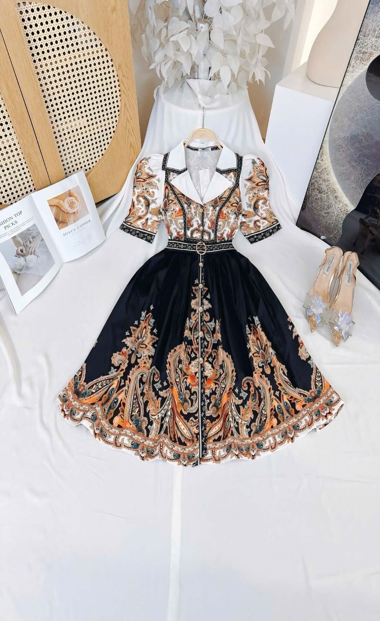 Collared Floral Short Vietnam Ao Dai Party Dress Black and Gold baroque print collared Party Style evening and formal Short Dress freesize that fits Medium to XL frame