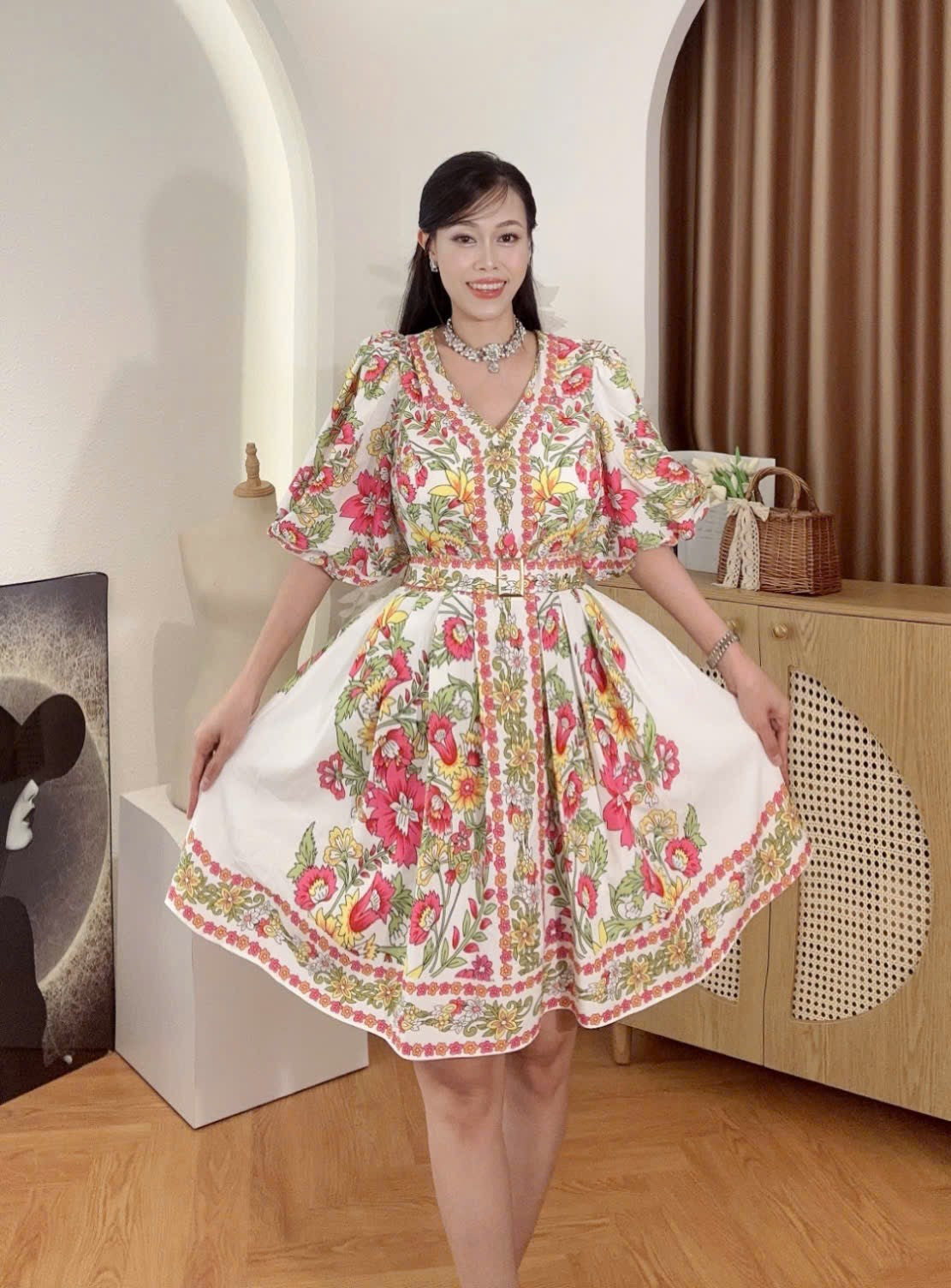 Puff Sleeve Vneck Vietnam Ao Dai party dress Floral baroque print V-neck puffsleeve, trumpet sleeve classic Party Style evening and formal Short Dress from Vietnam, freesize that fits medium to XL frame with belt
