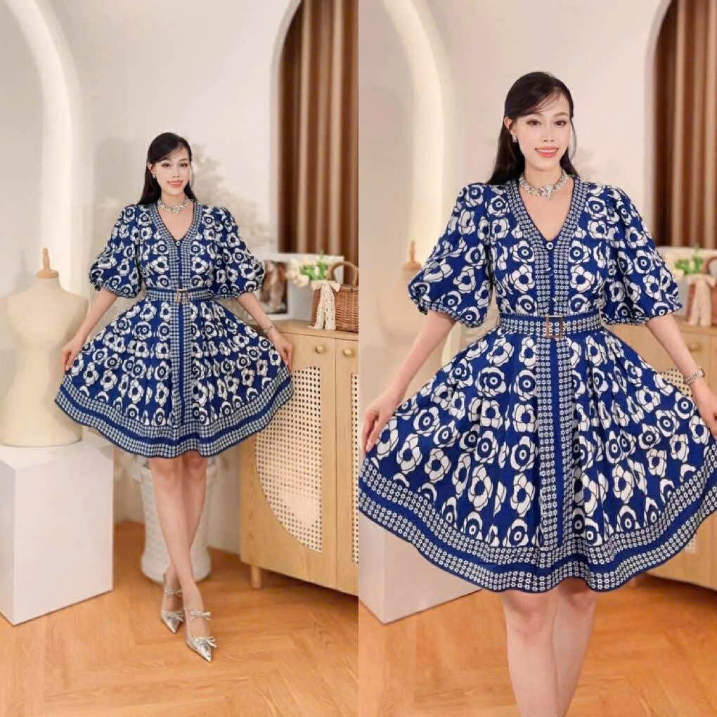 Puff Sleeve Vneck Vietnam Ao Dai party dress Blue and white Floral baroque print V-neck puffsleeve, trumpet sleeve classic Party Style evening and formal Short Dress from Vietnam, freesize that fits medium to XL frame with belt