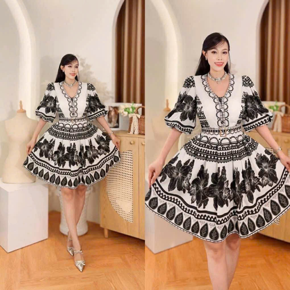 Puff Sleeve Vneck Vietnam Ao Dai party dress Black and white Floral baroque print V-neck puffsleeve, trumpet sleeve classic Party Style evening and formal Short Dress from Vietnam, freesize that fits medium to XL frame with belt