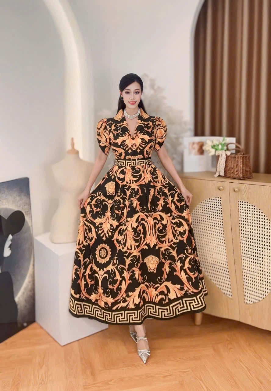 Vietnamese Baroque maxi dress puffsleeve Mango silk fabric Elegant Tita Attire, Semi formal , party, evening and Church Maxi Dress from Vietnam, freesize that fits Medium to XL Frame