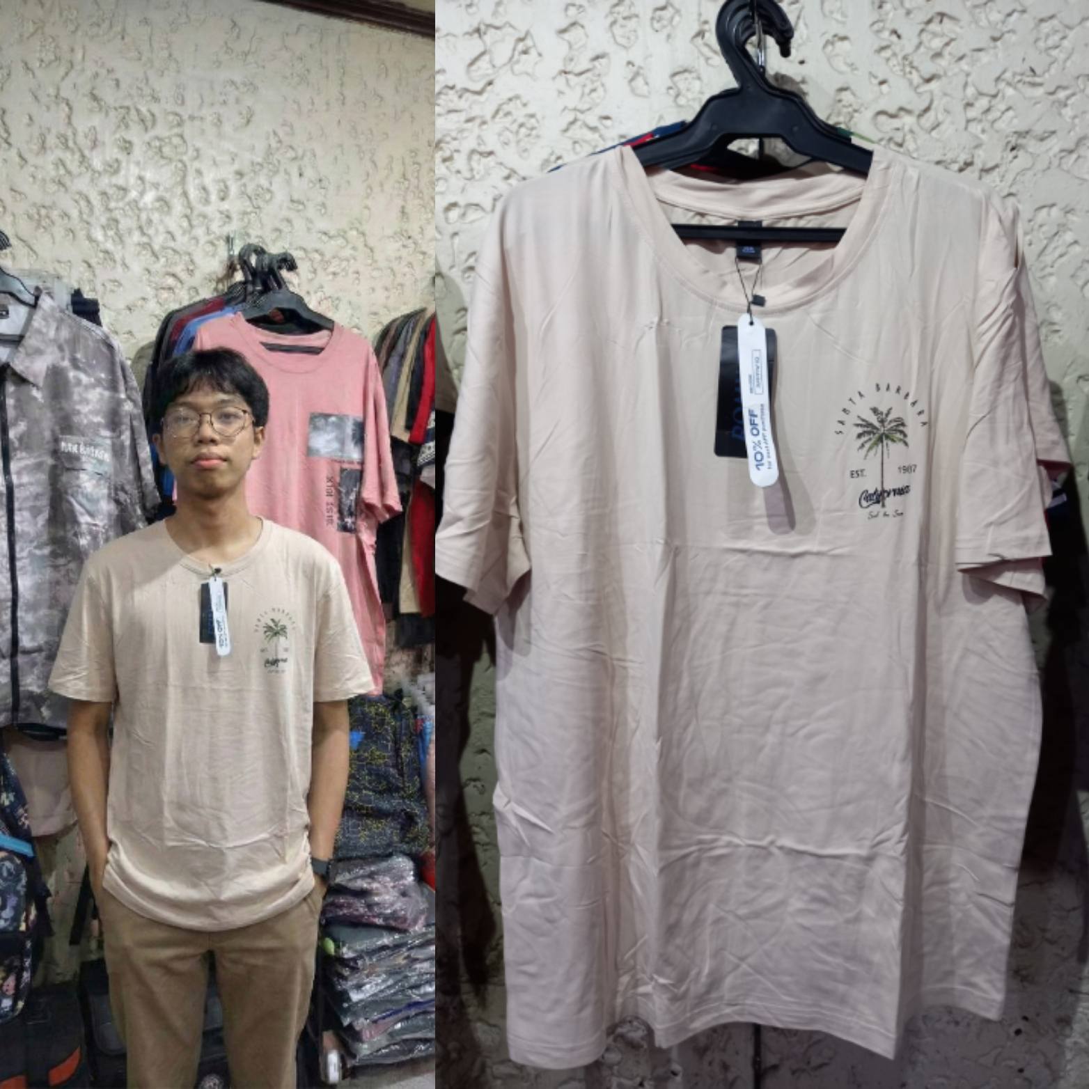 Men Beige Crew Neck XL Tee - Vintage California Graphic displayed on a hanger with a model in a store setting.
