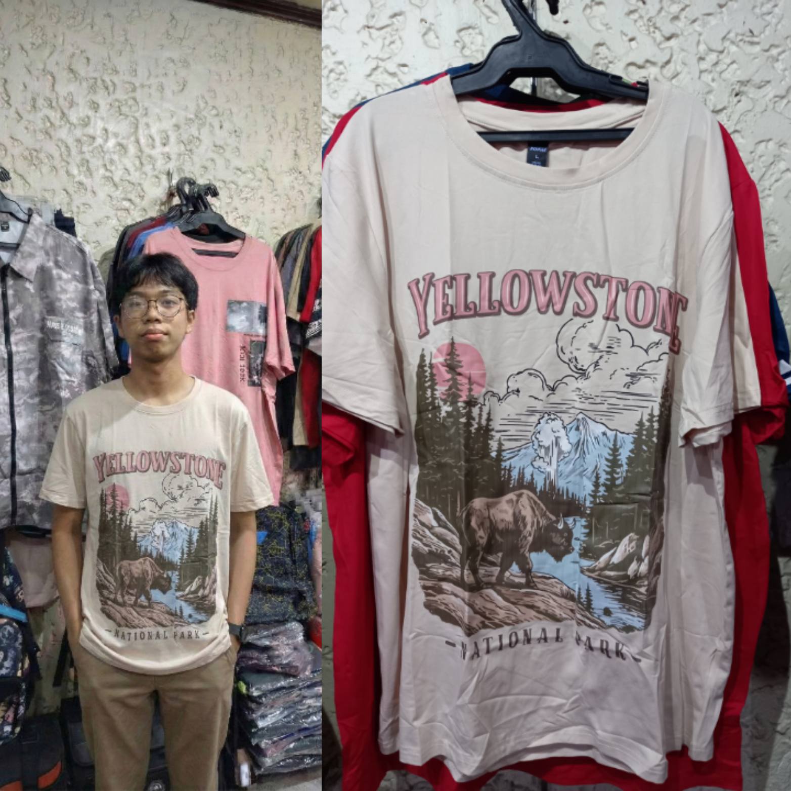 Yellowstone graphic Large tee displayed on a hanger with model wearing it in cream color, showcasing national park design.
