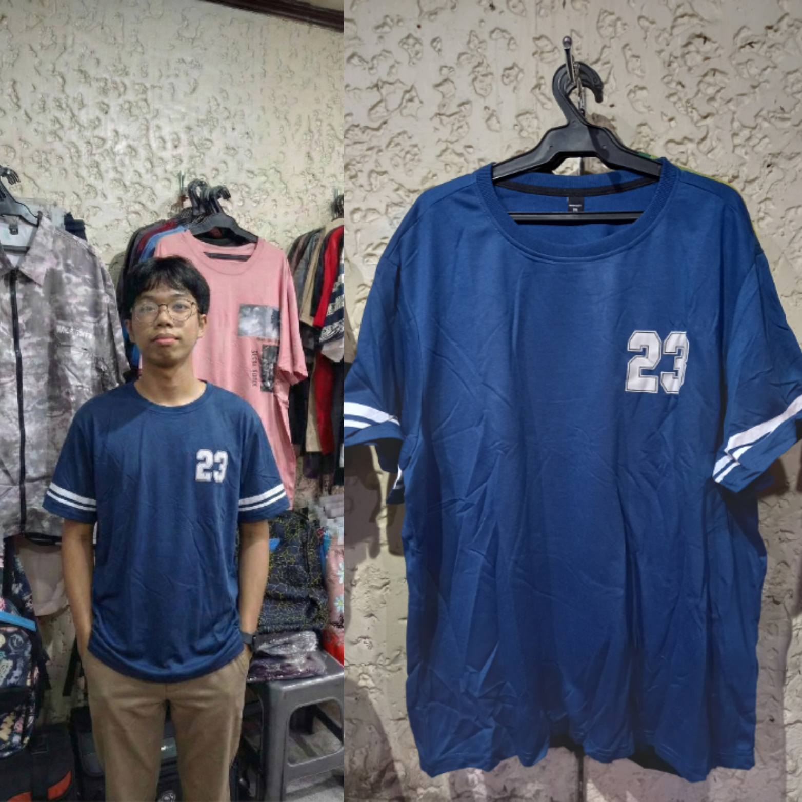 Men Varsity 23 XXL Classic Sporty Casual Shirt displayed on hanger and worn by model in Marikina.