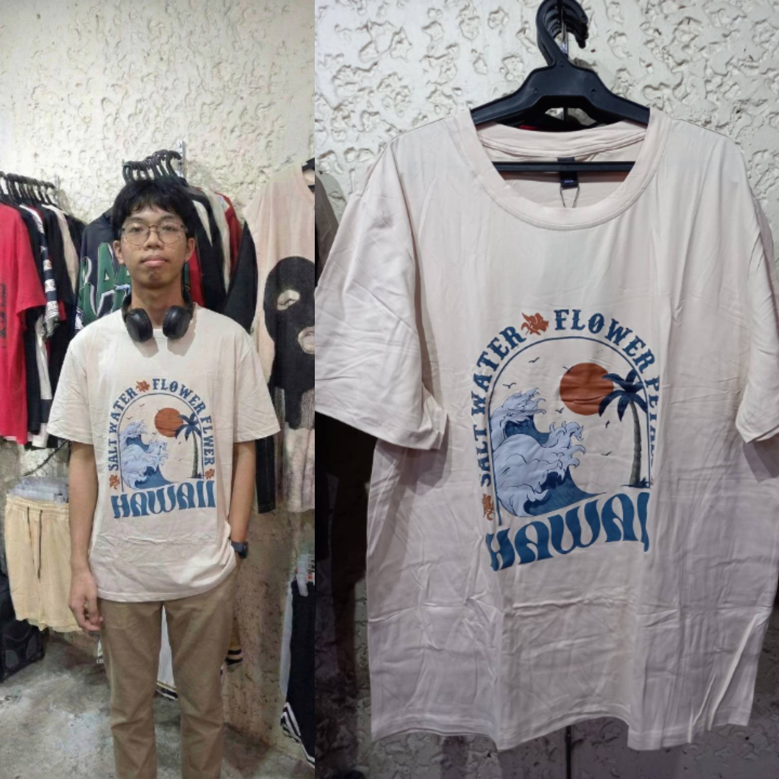 Men’s Beige Crew Neck XXL T-Shirt - Hawaii Wave Print displayed on model in a clothing store.