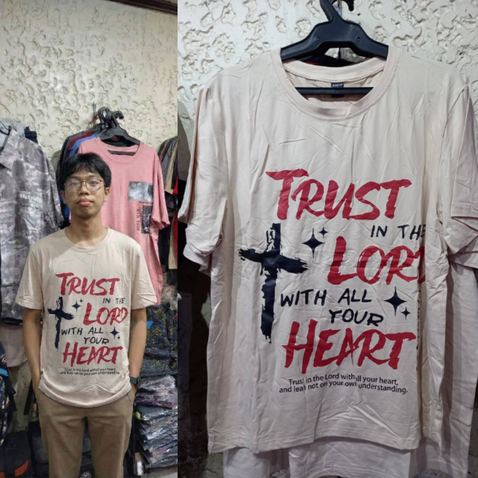 Brush Script Faith Medium T-Shirt - Trust in the Lord worn by a model, showcasing its inspirational message.