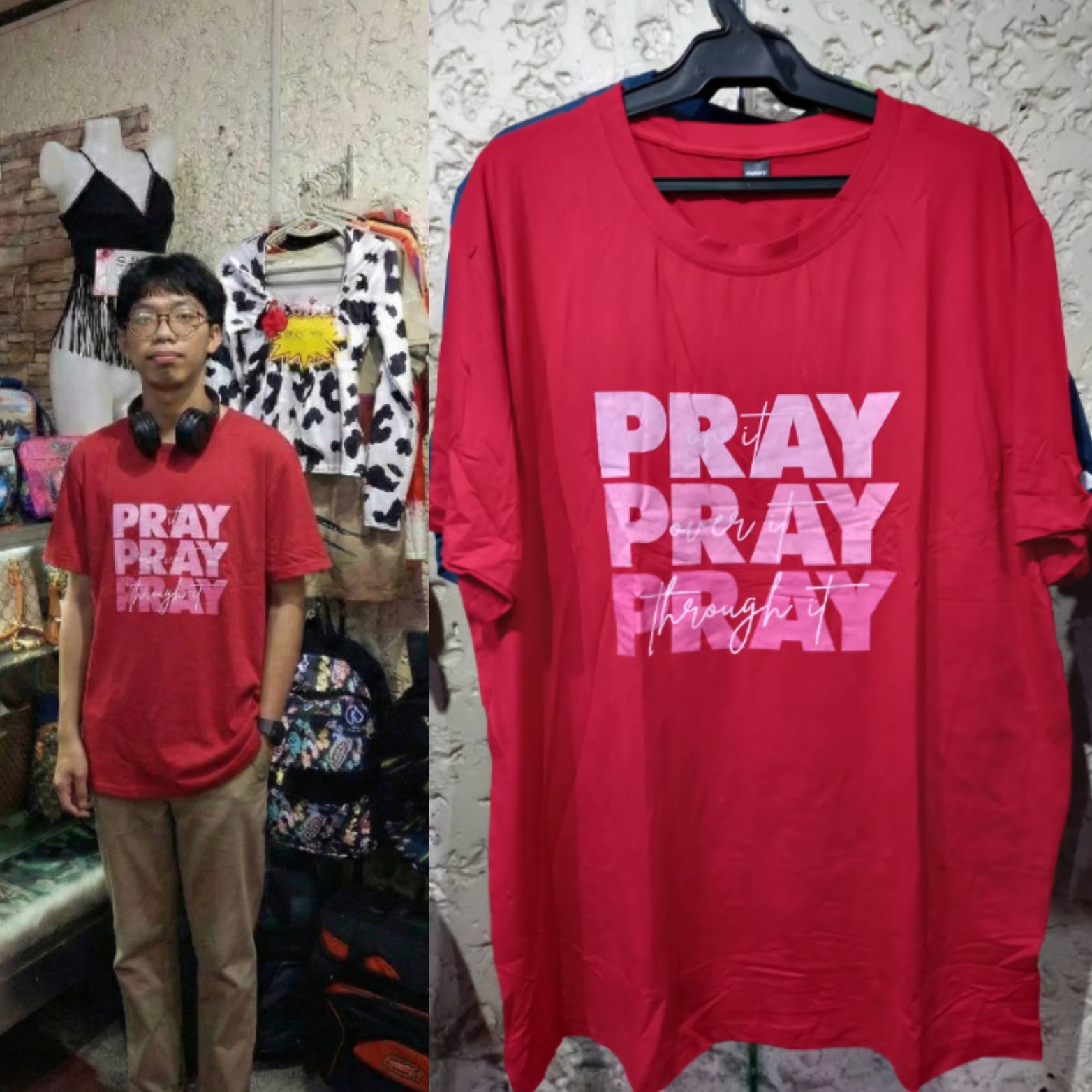 Unisex Red Christian XXL Graphic Tee showcasing bold 'PRAY' design worn by a model in a vibrant setting.