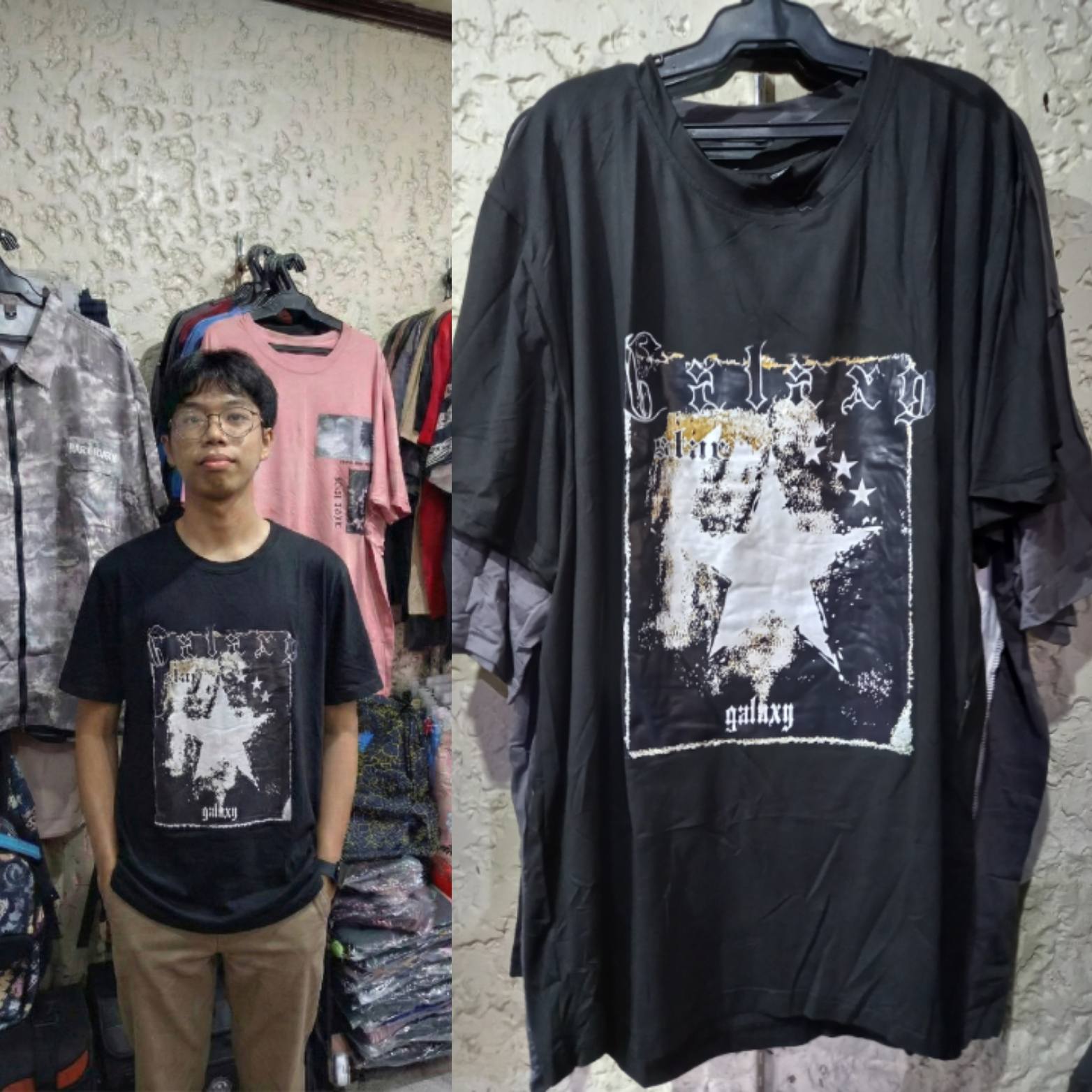 Gothic Star Streetwear Black XL Tee displayed on a hanger next to a model in Marikina.