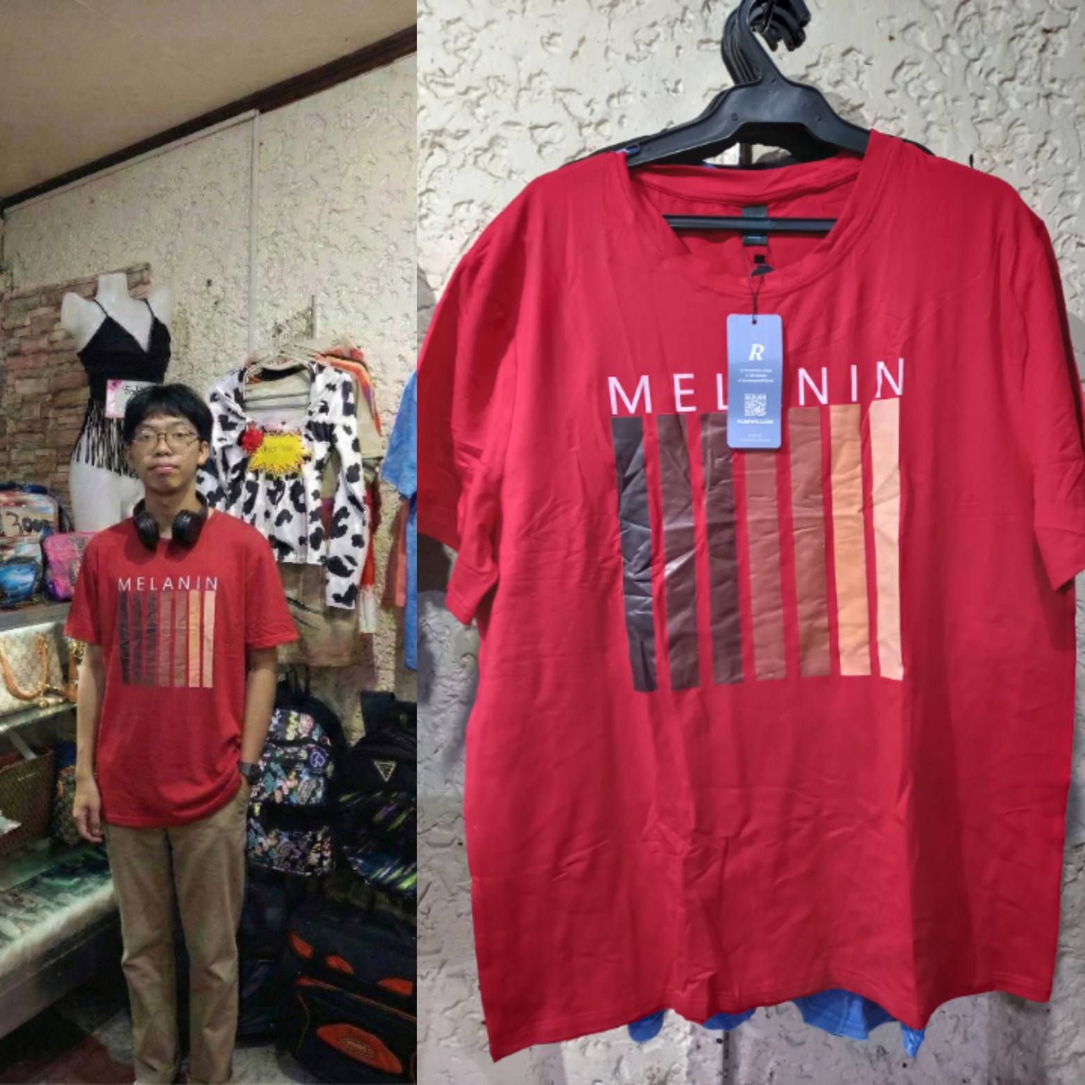 Unisex Melanin Graphic Red XL T-shirt displayed on a hanger and worn by a model in a casual setting.