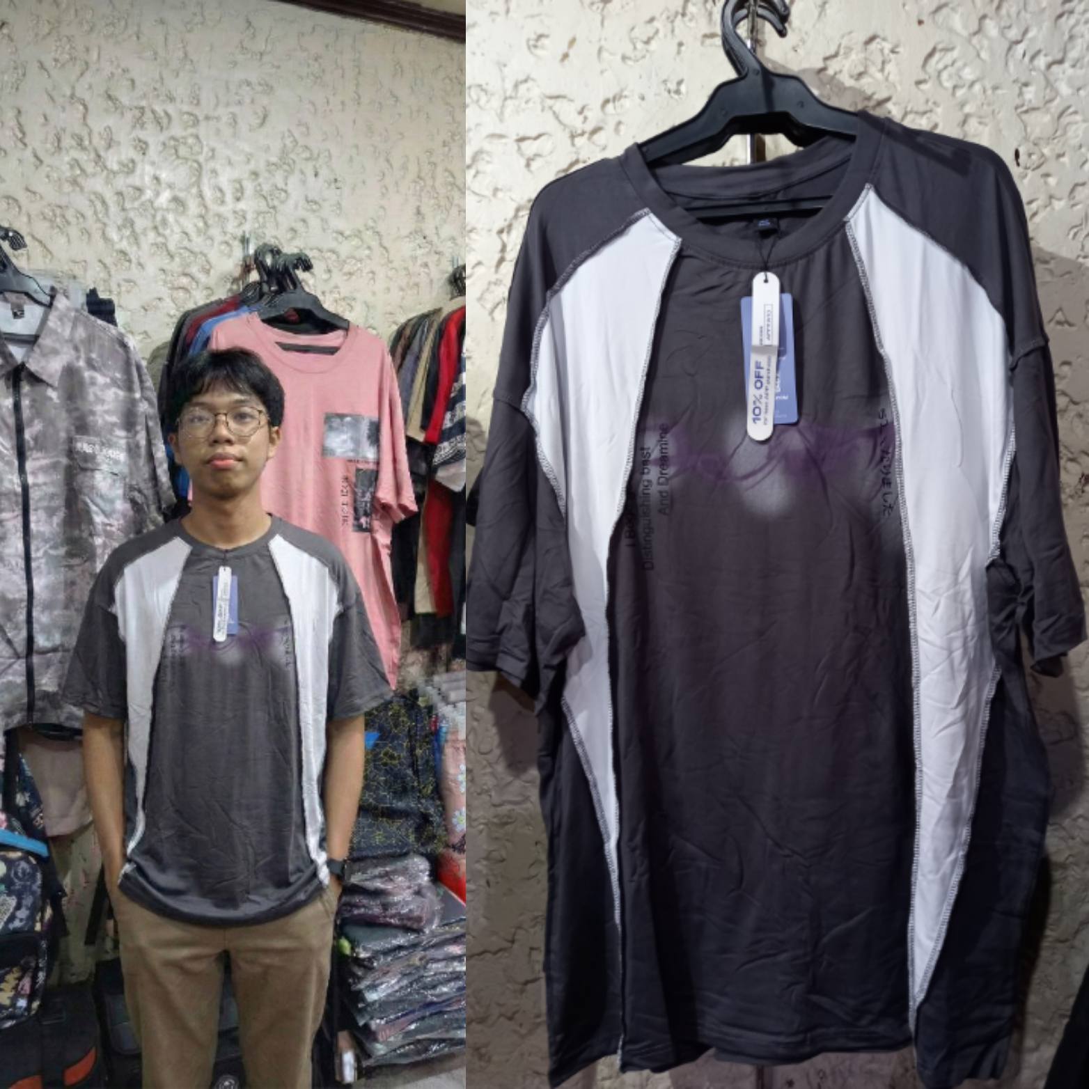 Men's cut-and-sew Grey XL Graphic Tee displayed on a hanger with a model wearing it, showcasing modern streetwear design.