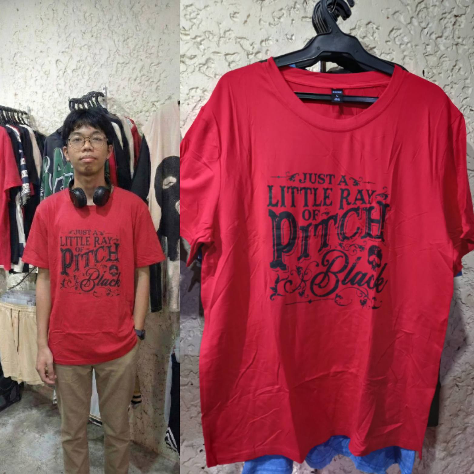 Red Gothic Graphic Large Tee for Pessimists displayed on a hanger and modeled by a person in casual attire.