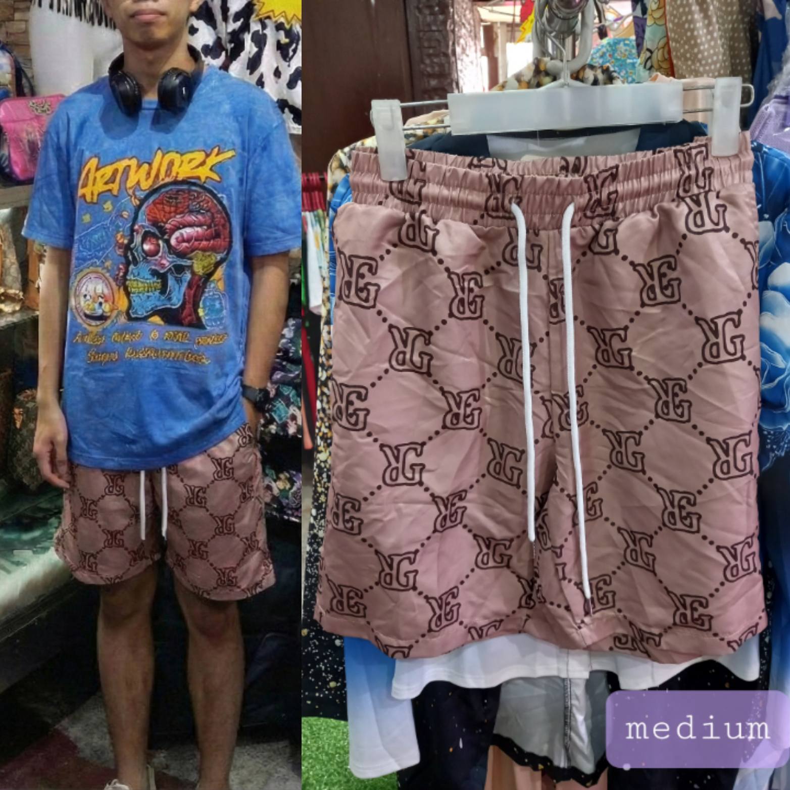 Men's Pink Monogram Print Medium Drawstring Shorts - Designer Style Casual Streetwear