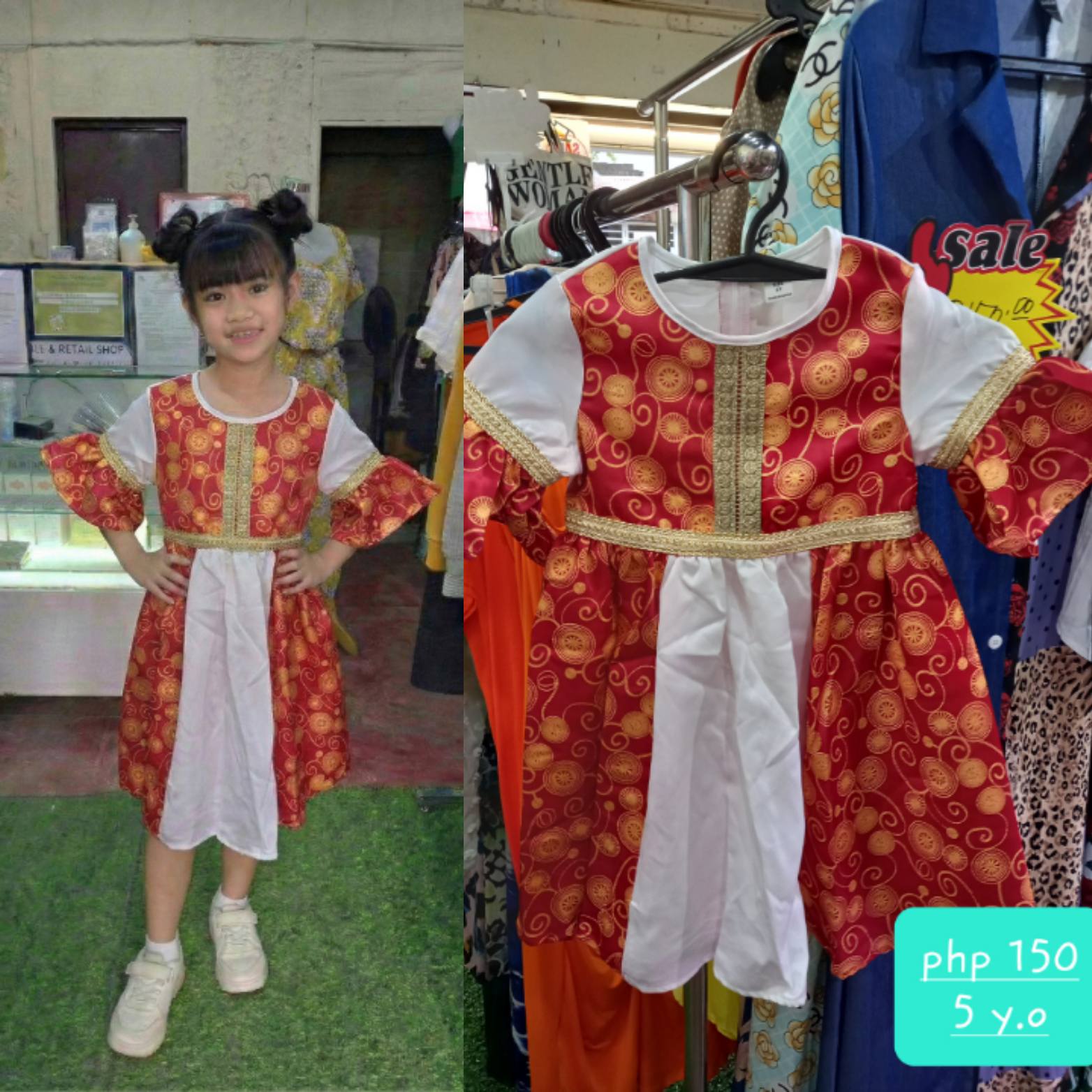 Girls' Red & Gold Ethnic Print Costume Dress - Formal Occasion & 5 Y.O. Events