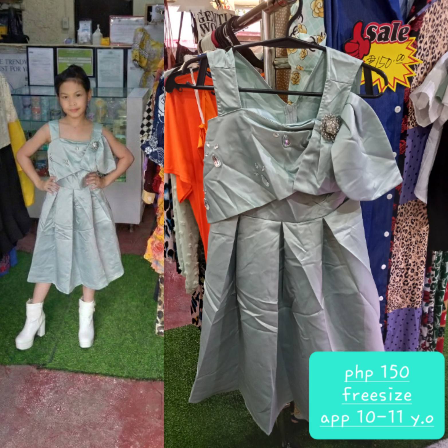 Girls' Mint Green Satin Formal Dress - Embellished Party & Occasion Wear (10-11 Y.O.)