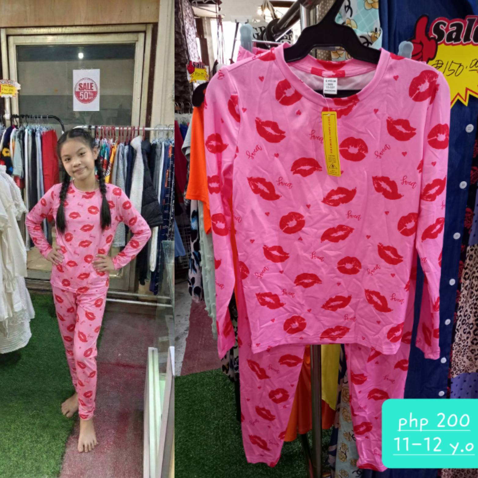 Girls' Pink Lipstick Kiss Print Long Sleeve Pajama Set - Sweet Sleepwear & Loungewear