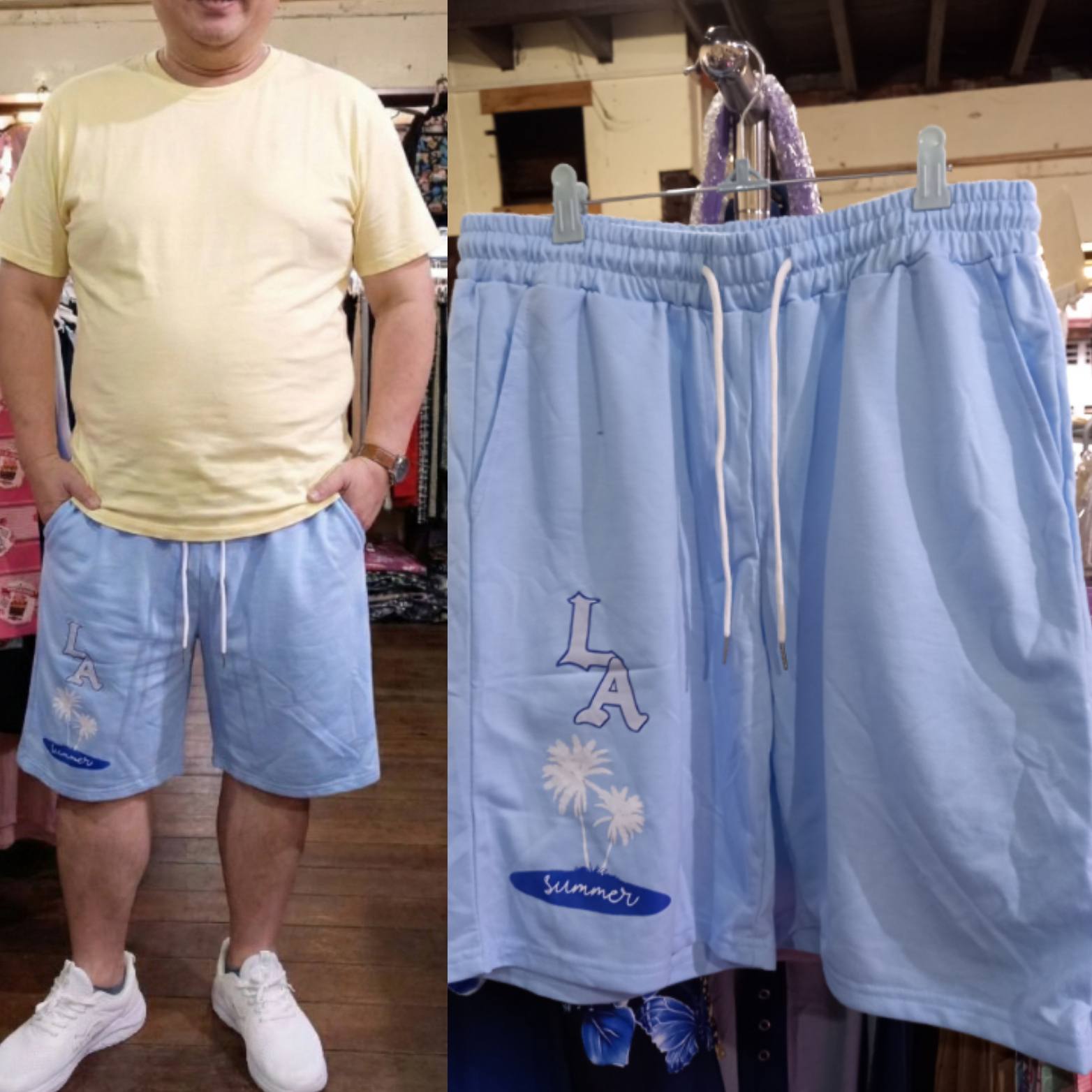Men's Light Blue Summer Graphic Drawstring Shorts - LA Palm Tree Casual Wear