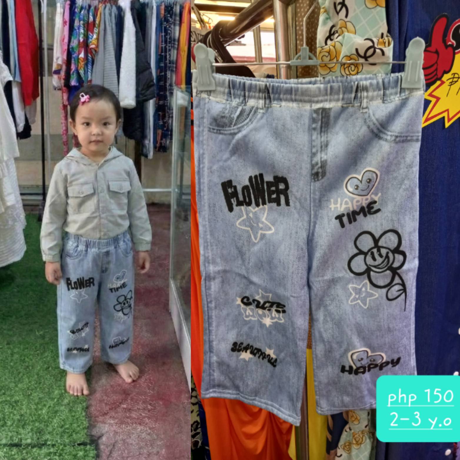 Toddler Girls' Light Wash Graphic Capri Pants - Cartoon Flower & Happy Time Capris (2-3 Y.O.)