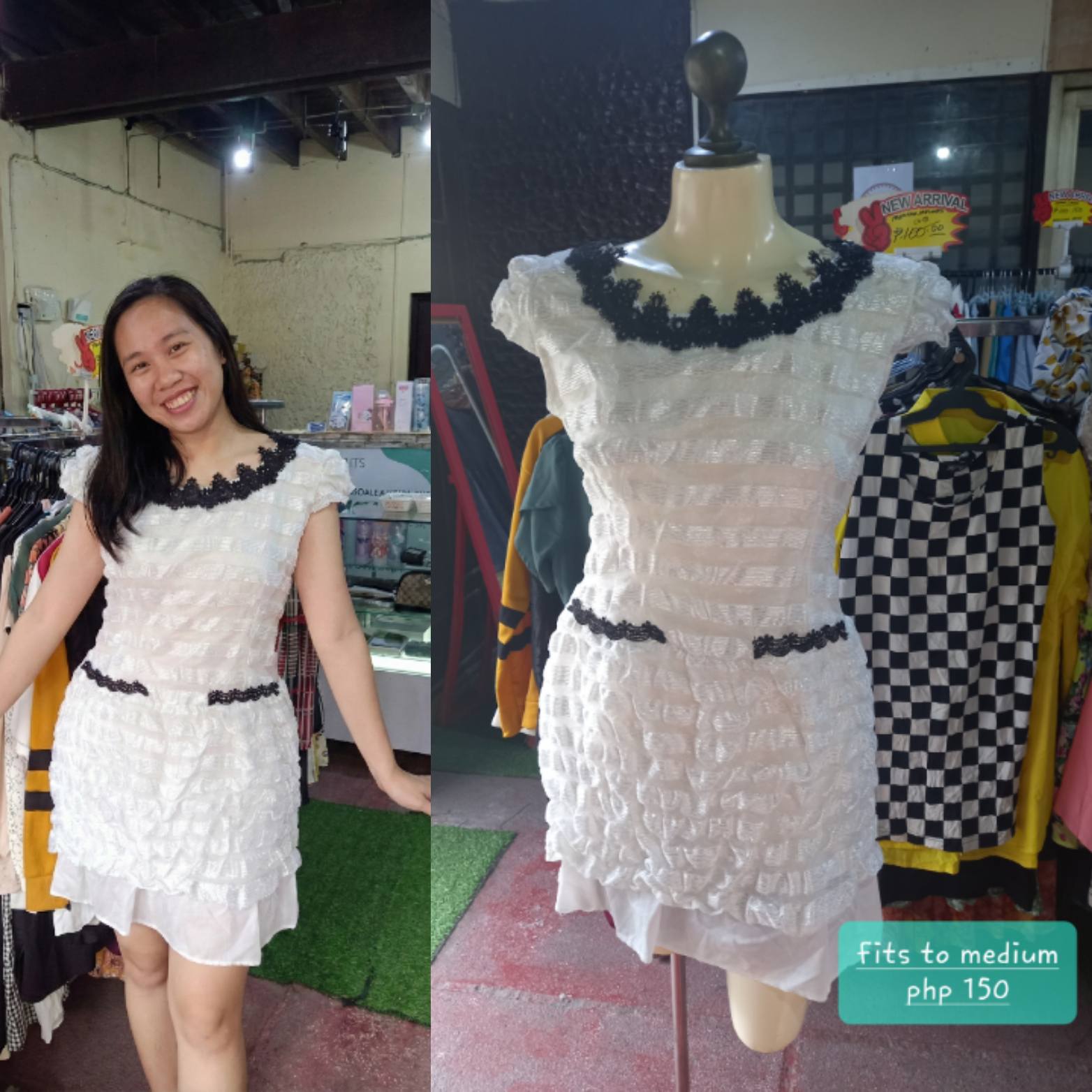 White Textured Ruffle Mini Dress with Black Trim - Fits Medium