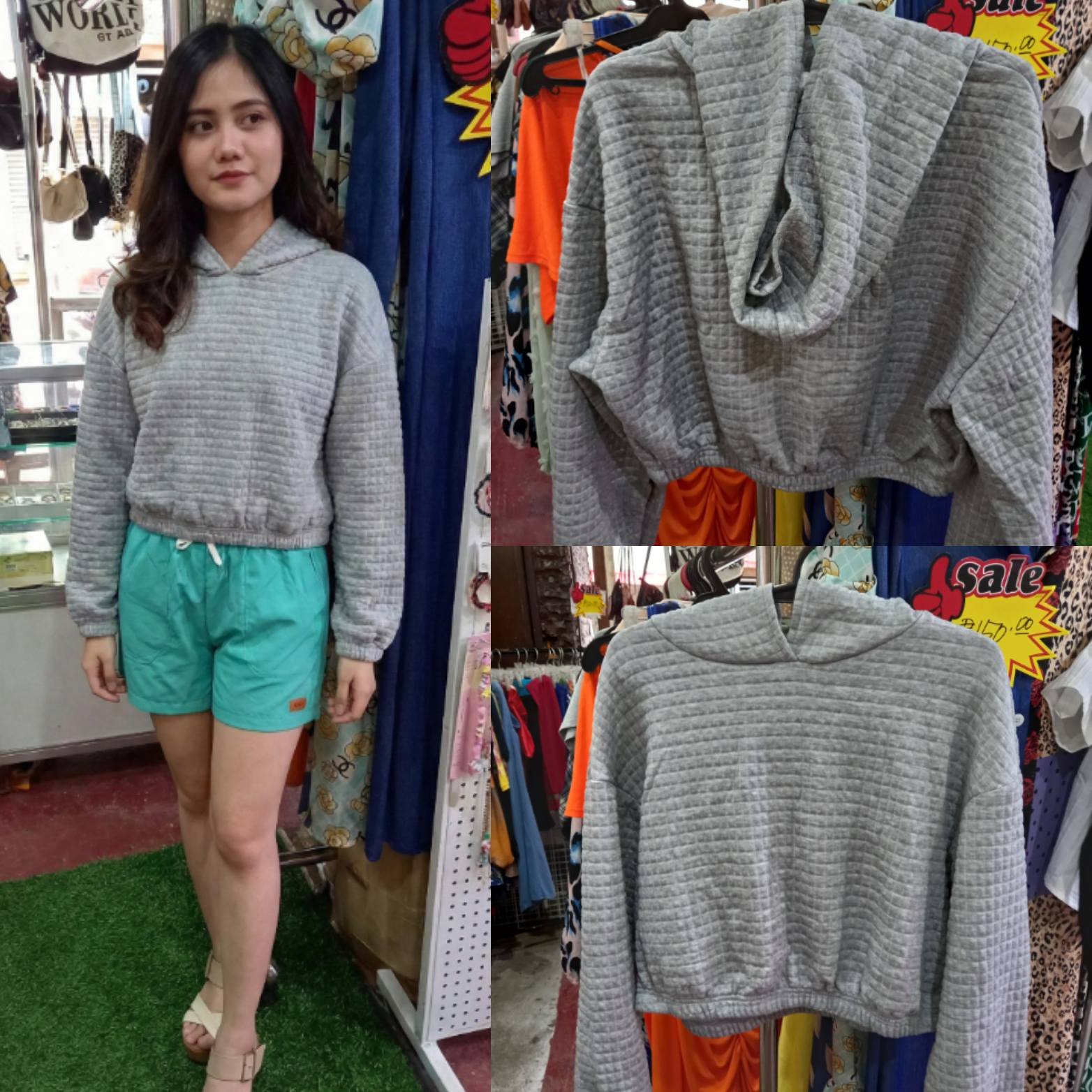 Women's Grey Quilted Cropped Hoodie - Textured Athleisure Pullover Sweatshirt