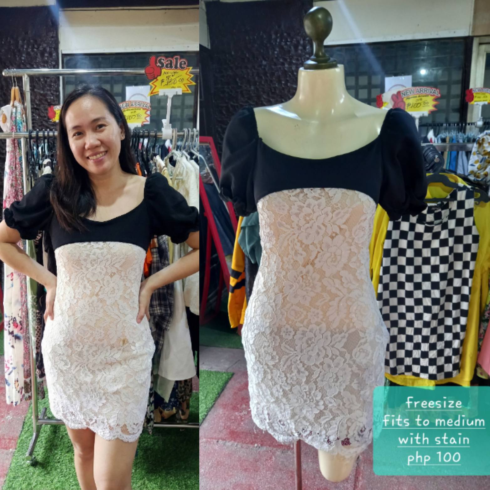 Elegant Colorblock Lace Mini Dress | Black Puff Sleeve - Fits Medium