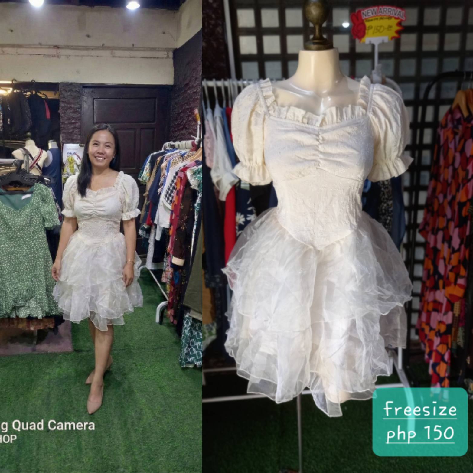 White Ruffle Tiered Mini Dress with Puff Sleeves - Freesize