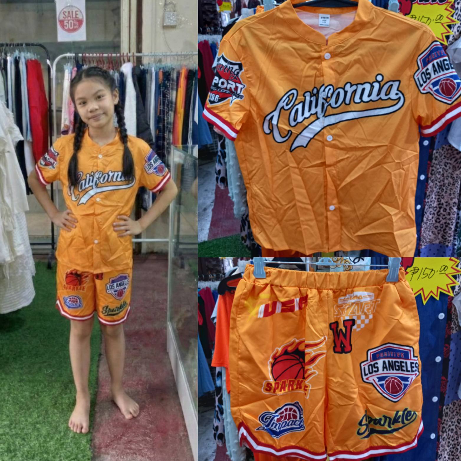 Kids' Orange California Baseball Jersey & Los Angeles Sparkle Basketball Shorts Set