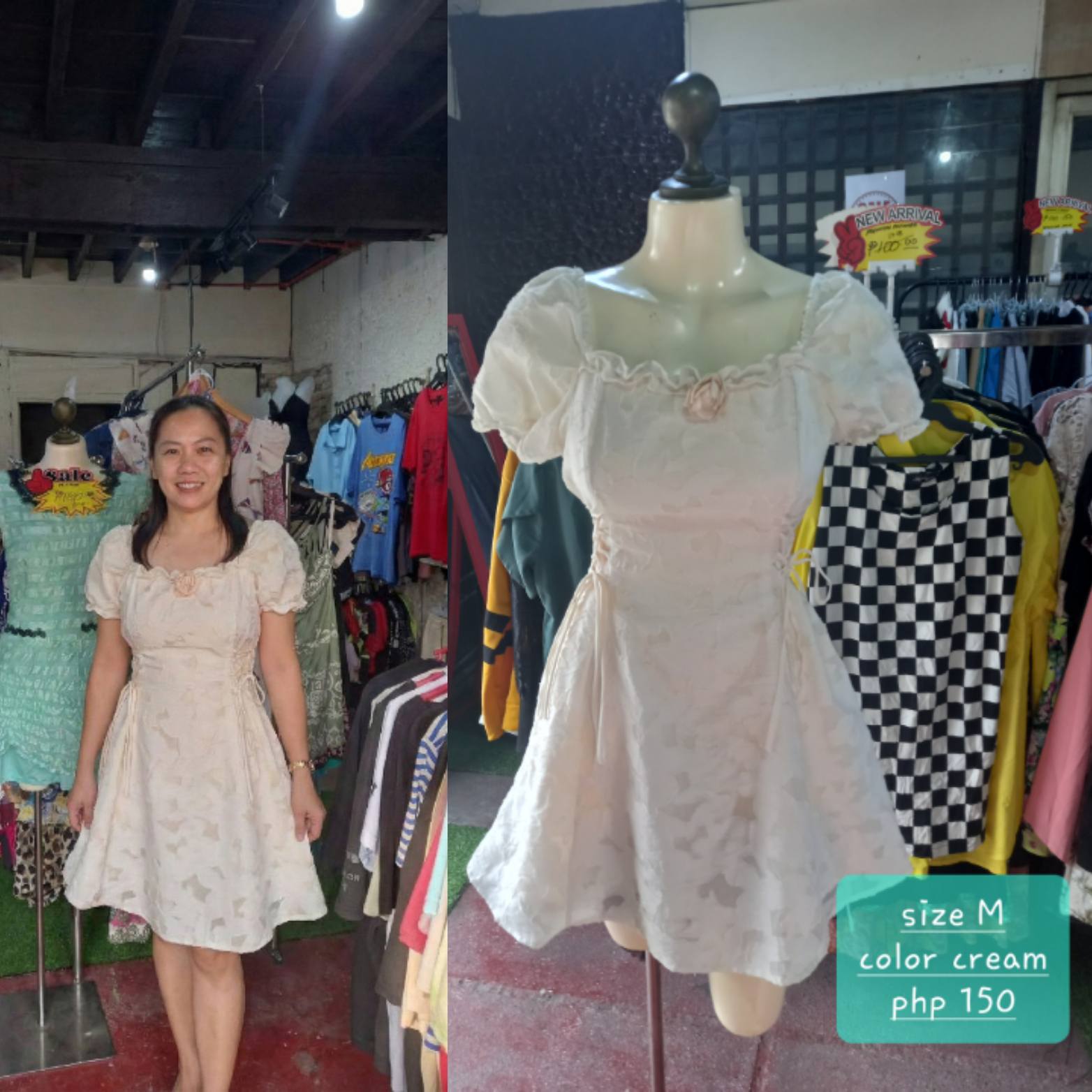 Cream Textured Mini Dress with Adjustable Side Ties - Medium