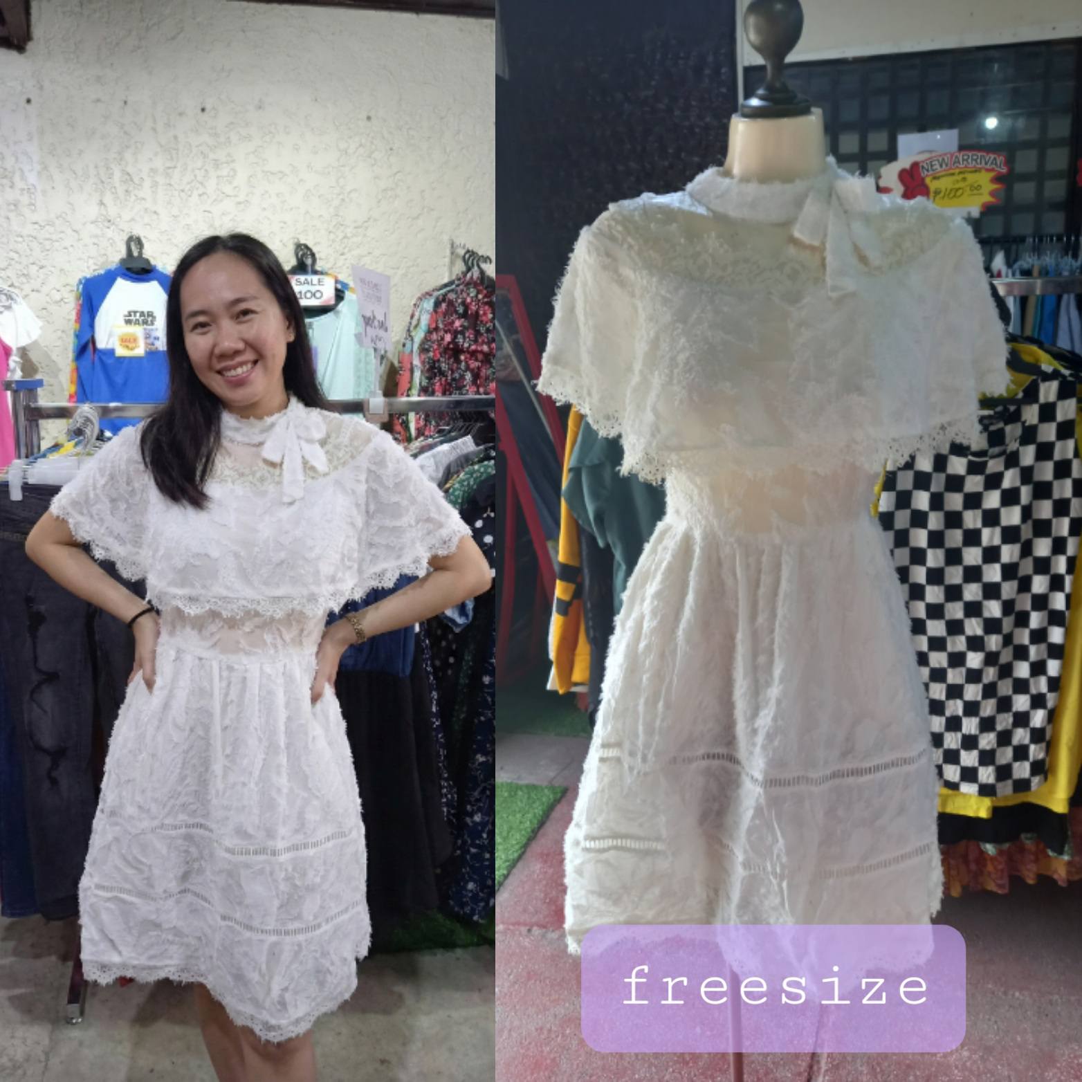 Elegant White Lace Cape Dress with Bow Tie - Freesize