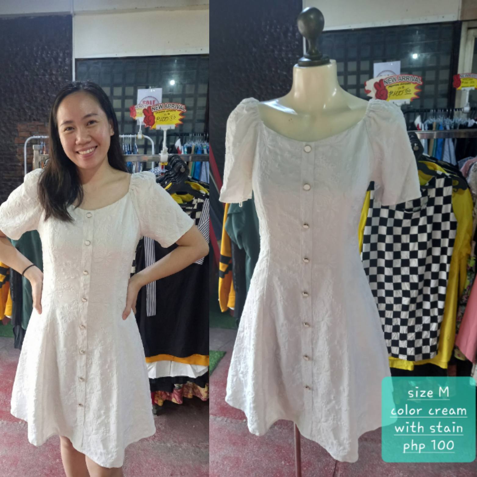 Cream Textured Square Neck Dress with Buttons - Medium