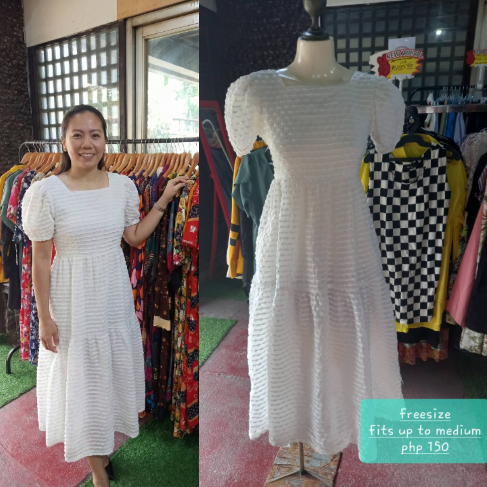 White Textured Square Neck Tiered Dress - Midi Length