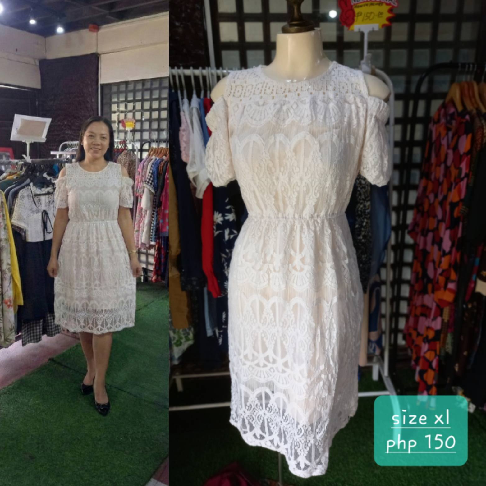 Cloud Dancer White Lace Cold-Shoulder Midi Dress