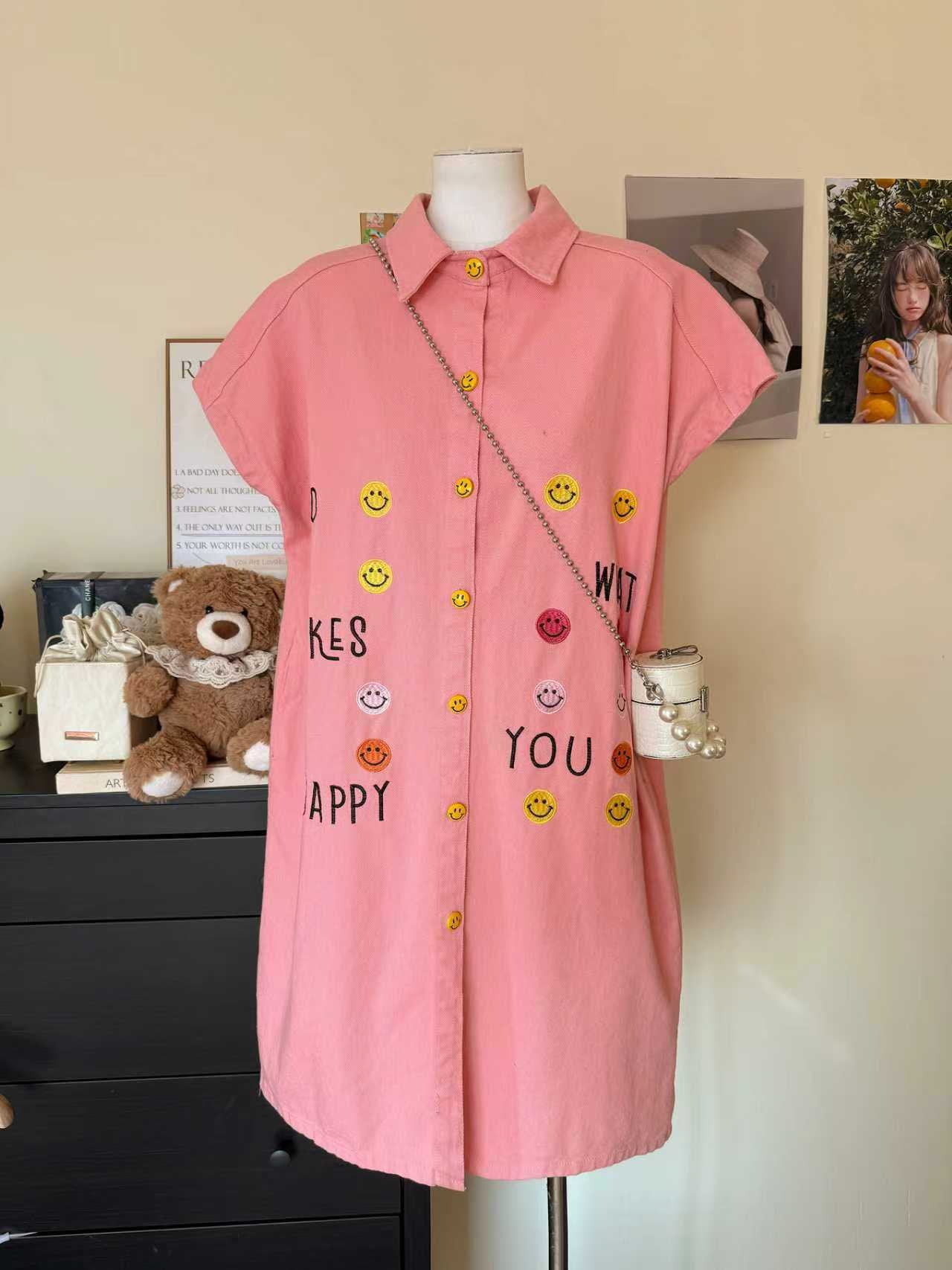 Pre-Order: Korean Smiley Button-Down Denim Shirt Dress | Smartshop