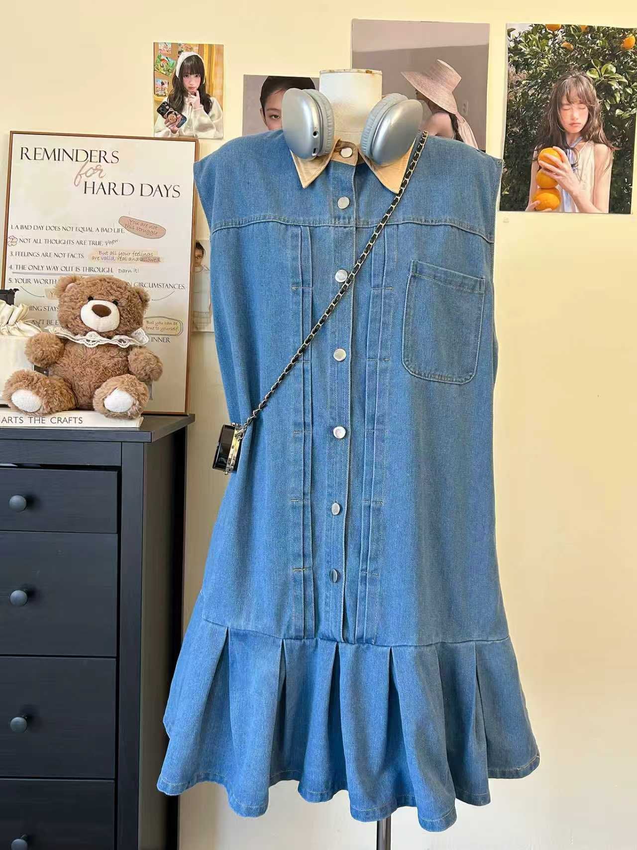 Pre-Order: Korean Sleeveless Denim Pleated Mini Dress | Smartshop