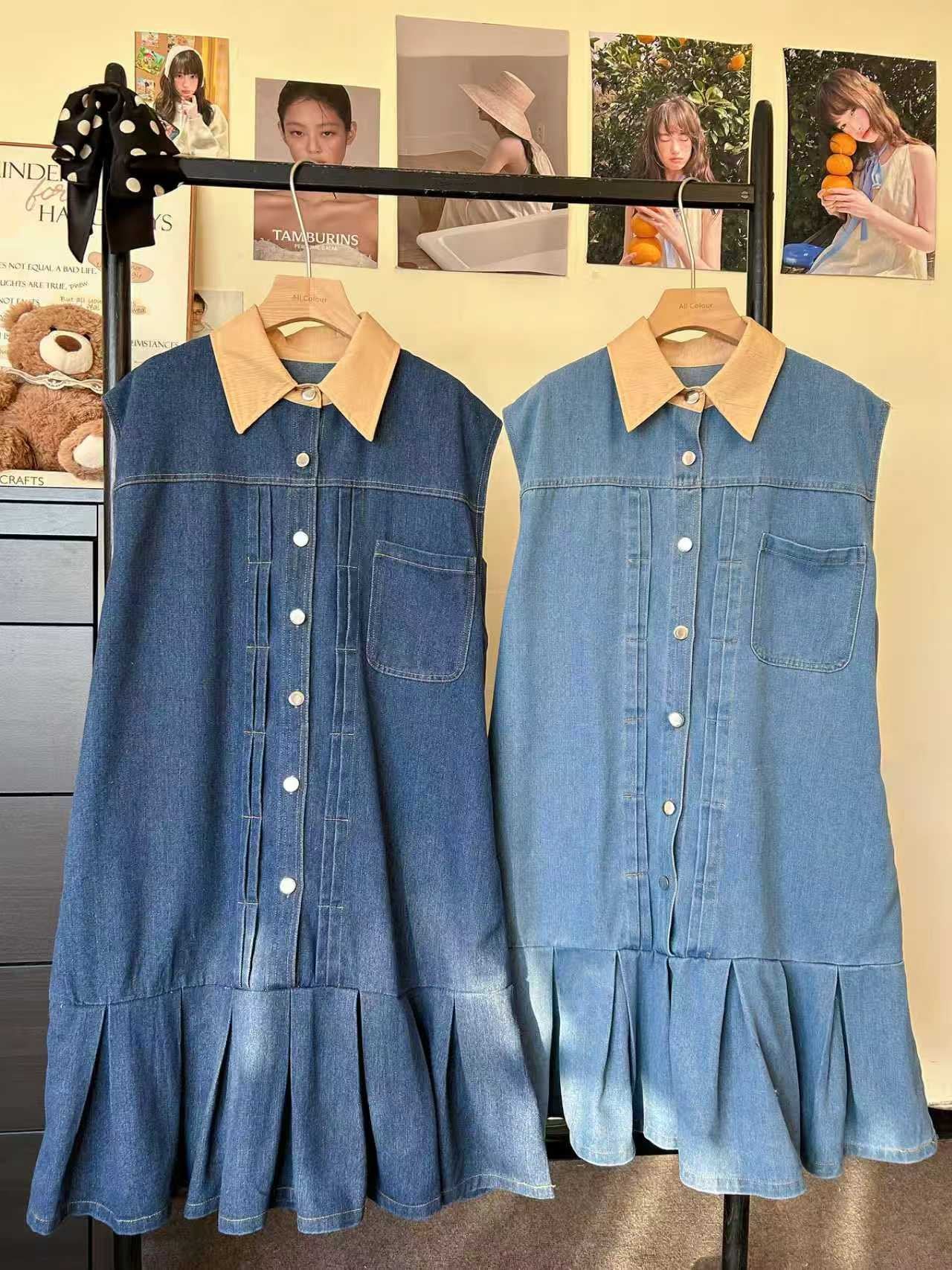 Pre-Order: Korean Sleeveless Denim Pleated Mini Dress | Smartshop