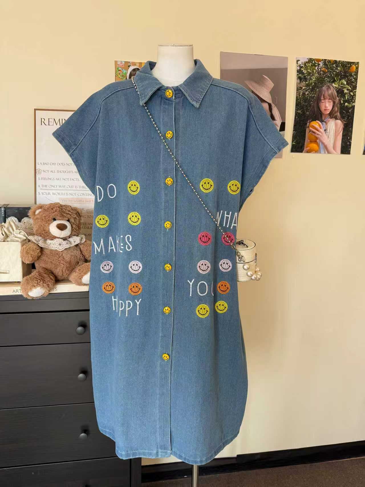 Pre-Order: Korean Smiley Button-Down Denim Shirt Dress | Smartshop